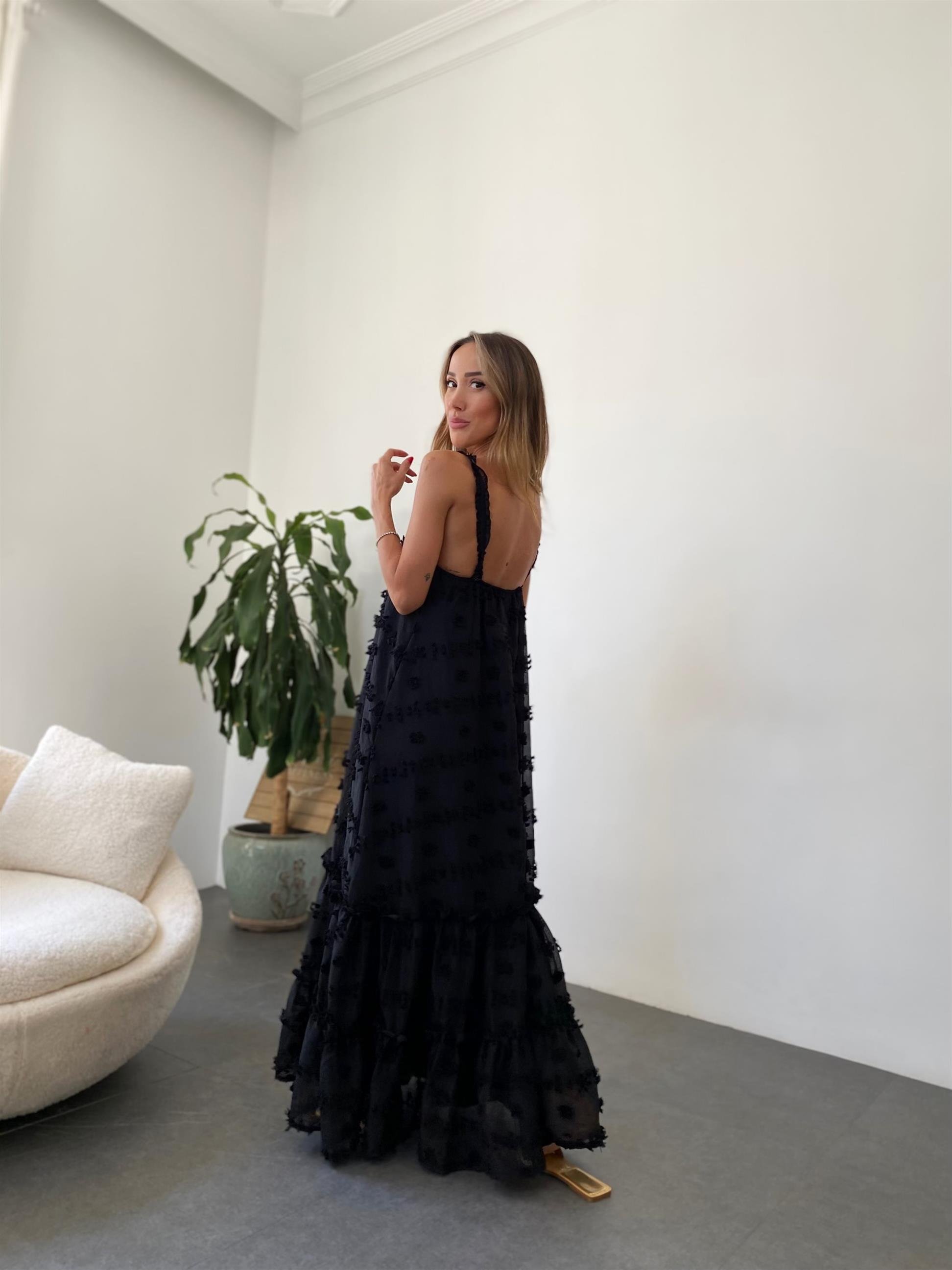 Siyah  Rose İp Askılı Elbise