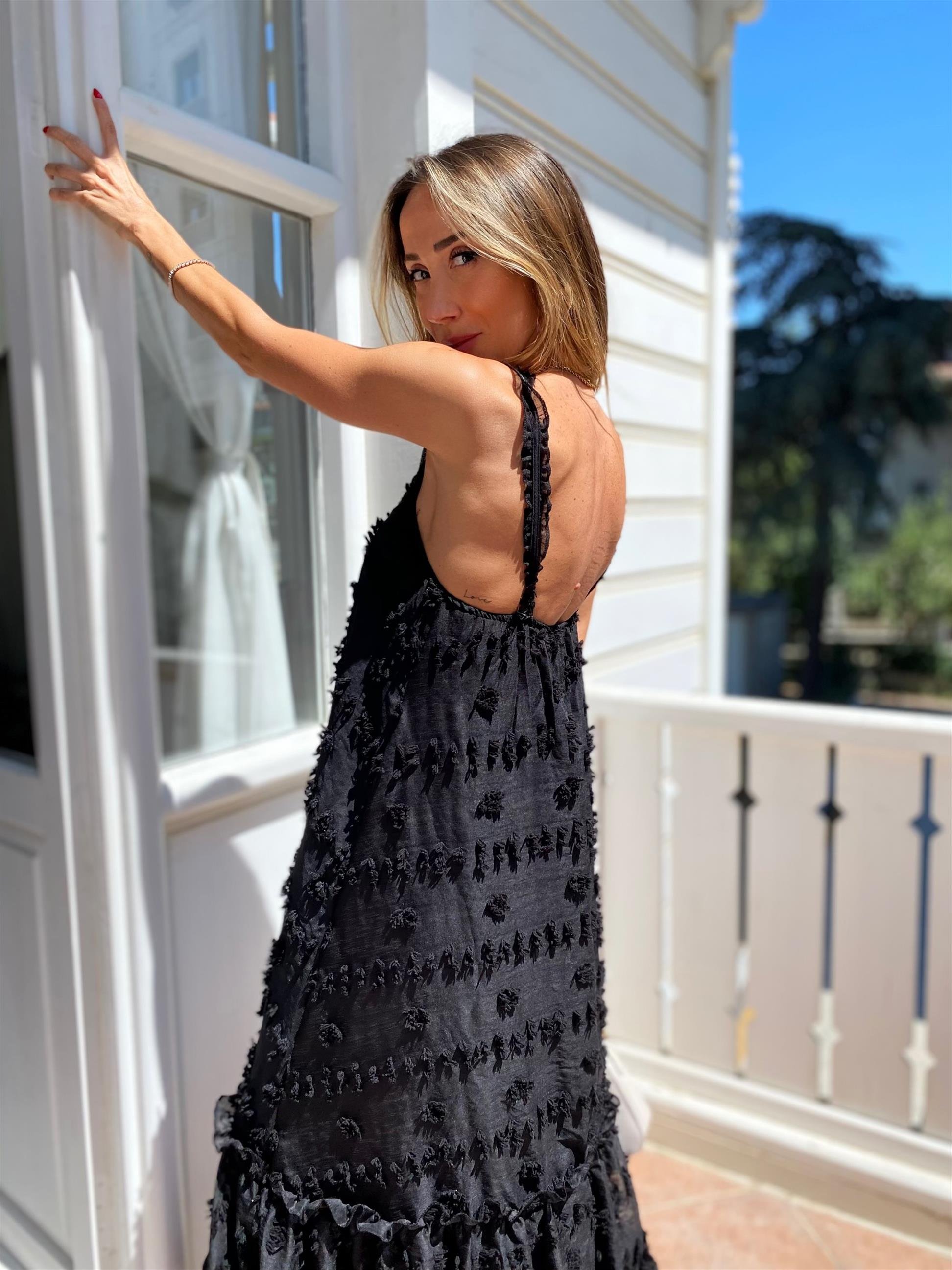 Siyah  Rose İp Askılı Elbise