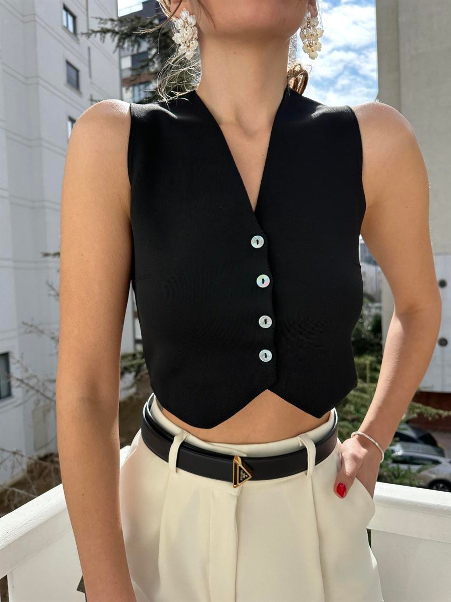 Siyah  Sedef Düğmeli Bluz