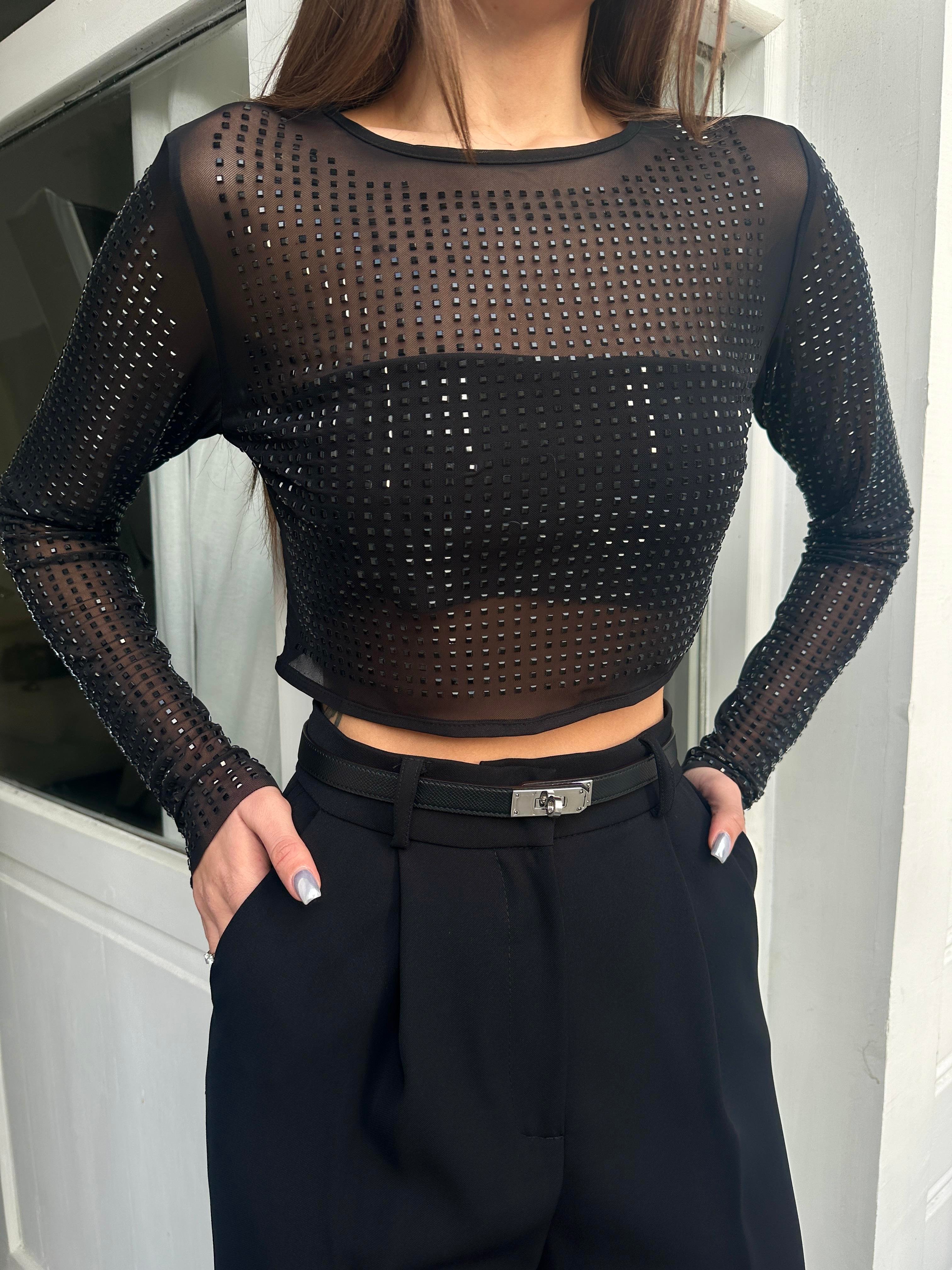 Siyah Şifon Taş İşleme Crop Bluz