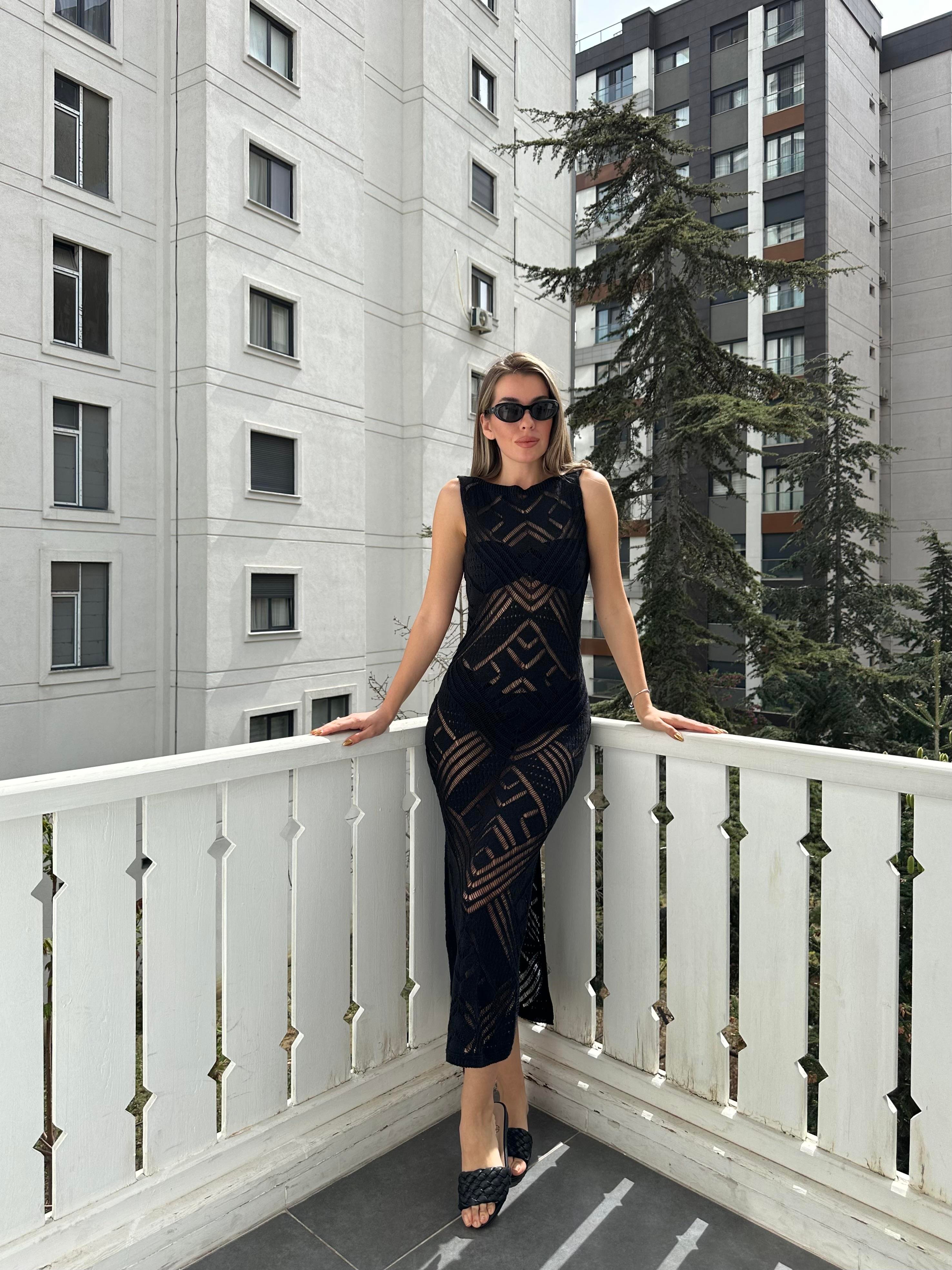 Siyah Simli Ajurlu Merserize Elbise