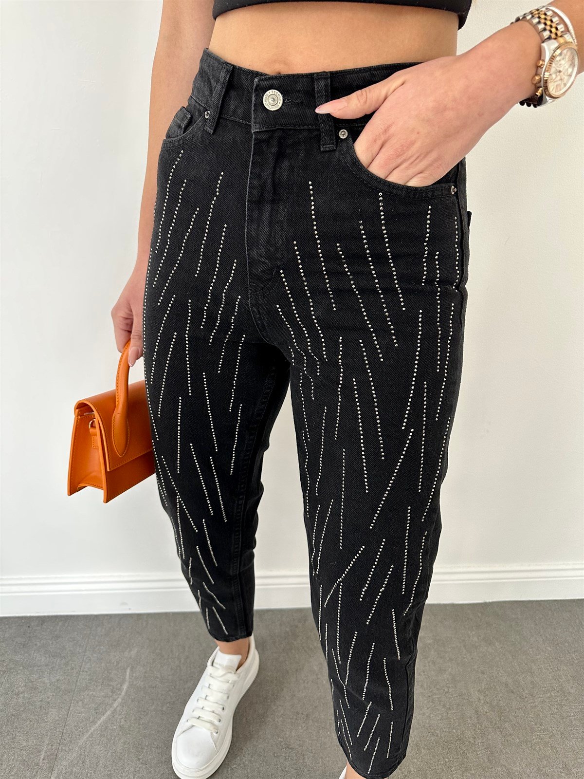 Siyah Simli Mom Jean Pantolon