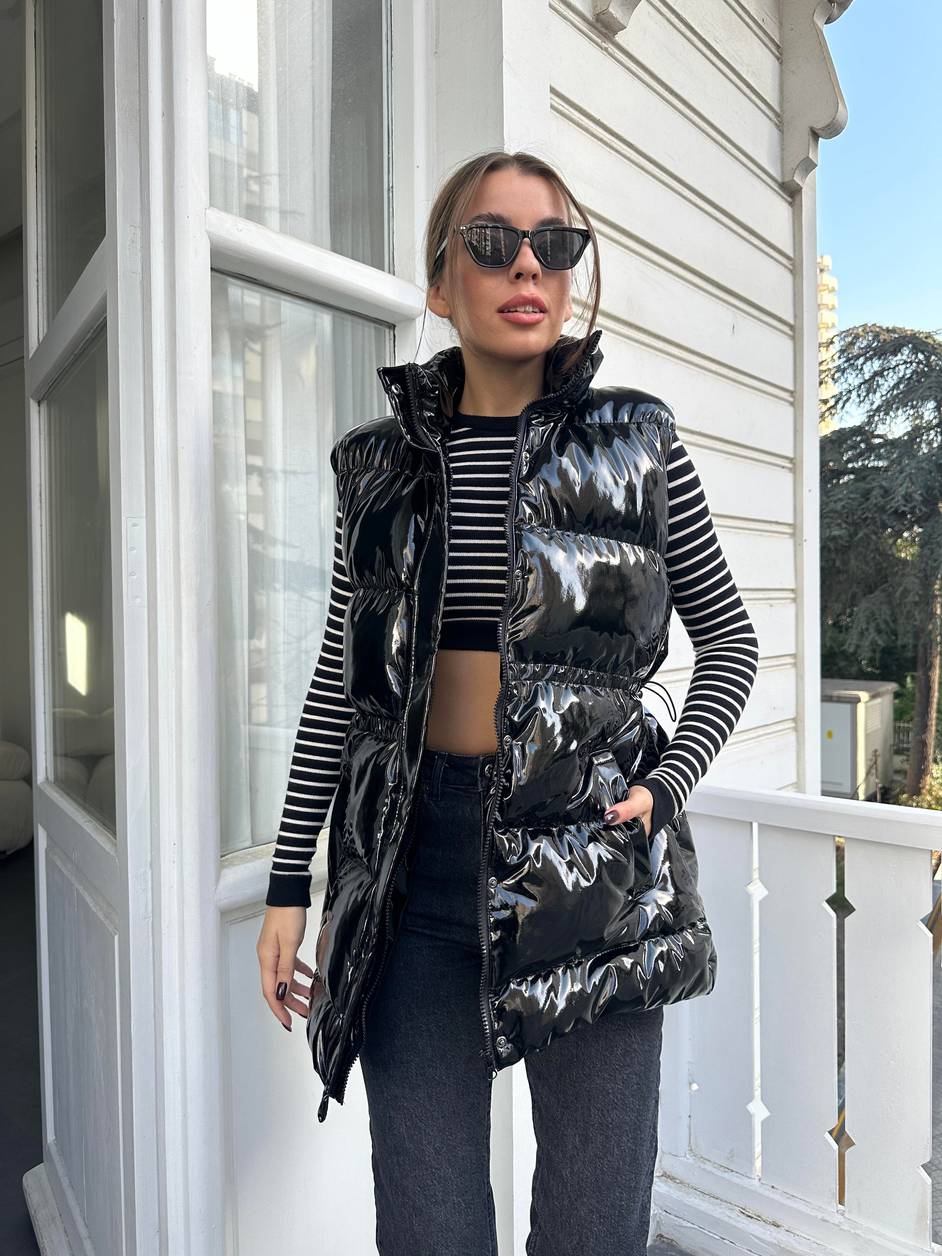 Siyah Şişme Uzun Yelek