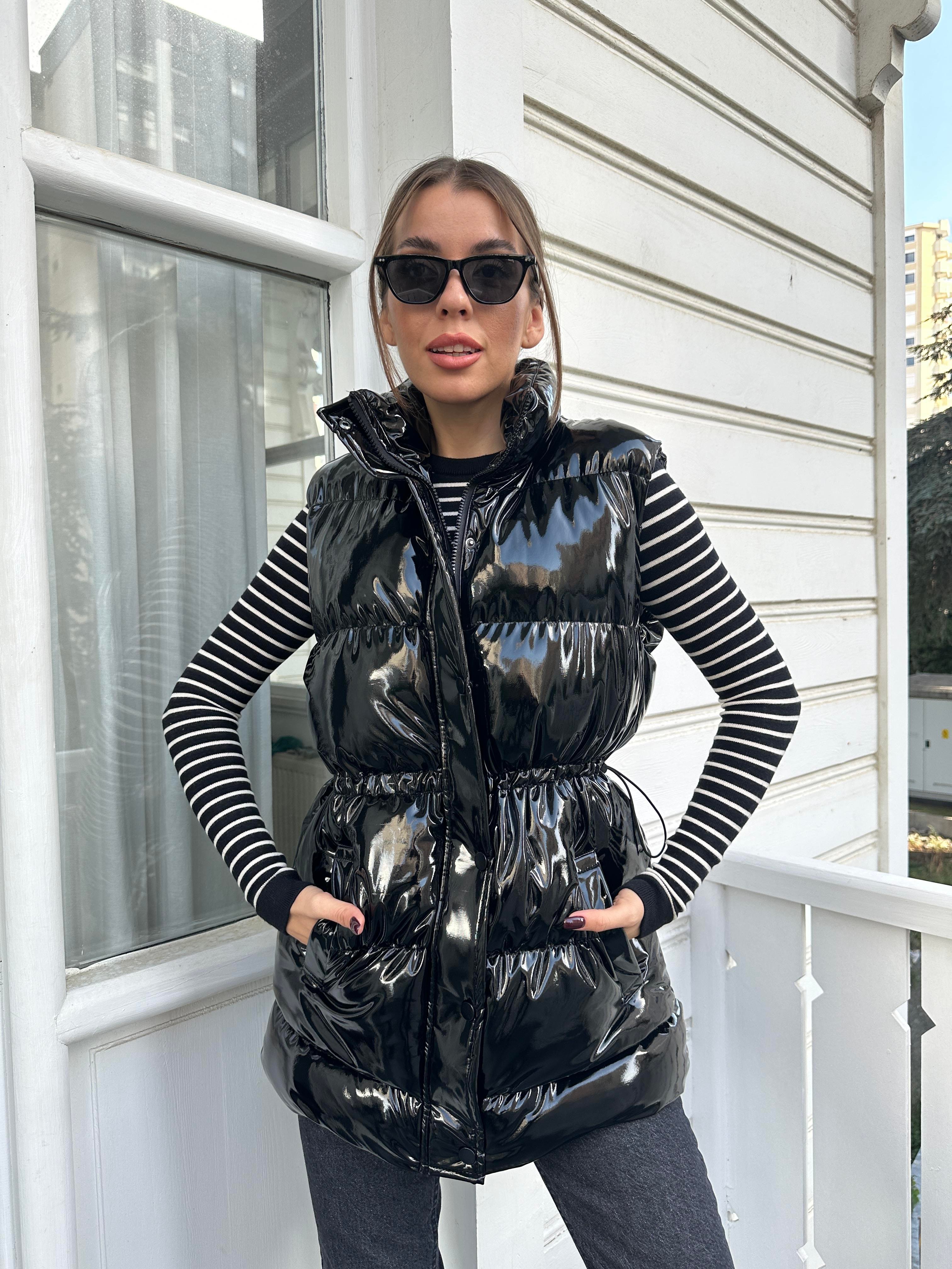 Siyah Şişme Uzun Yelek