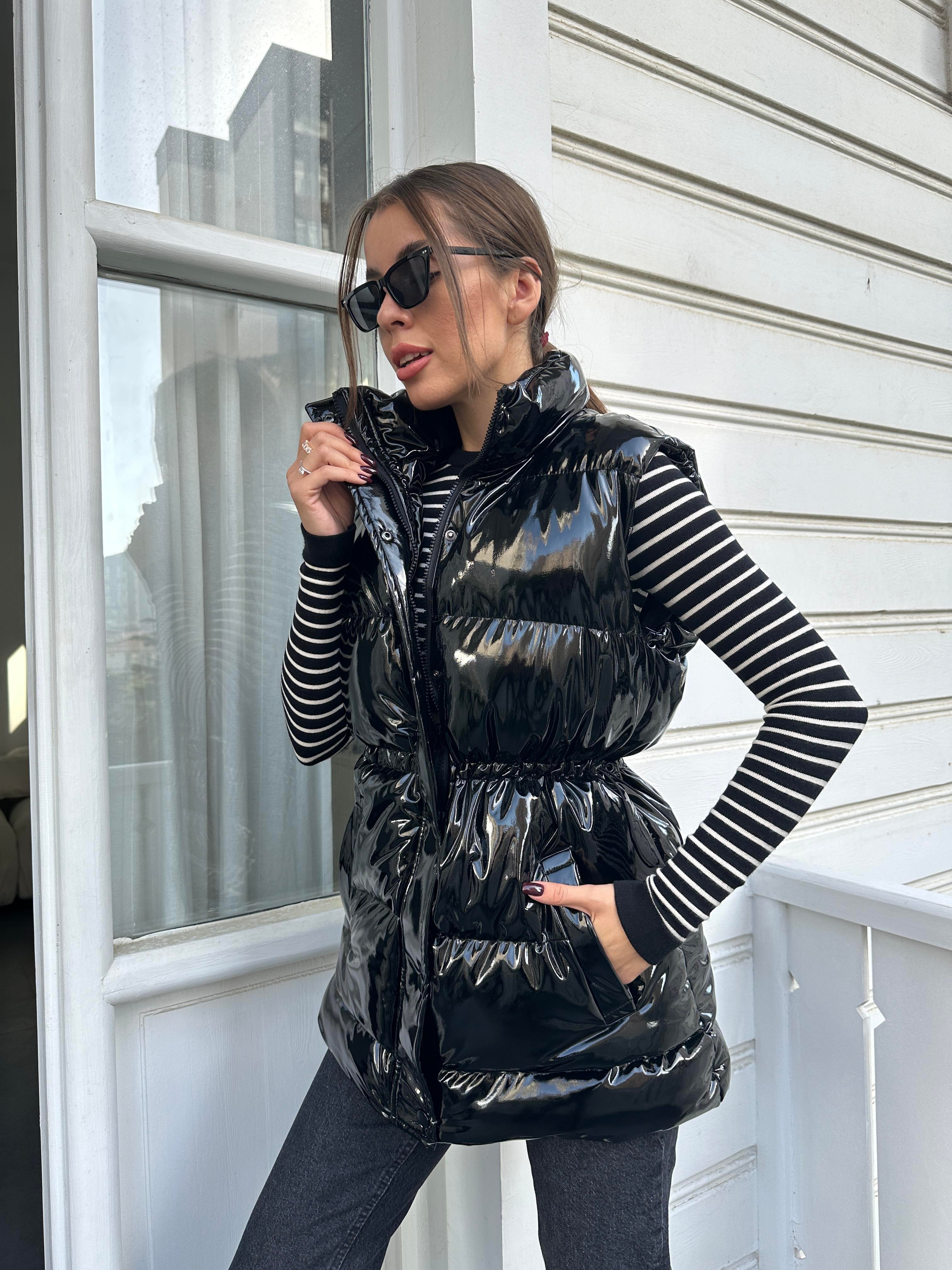 Siyah Şişme Uzun Yelek