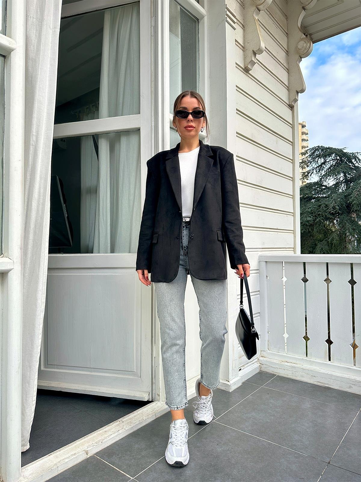 Siyah Tek Düğmeli Süet Blazer Ceket