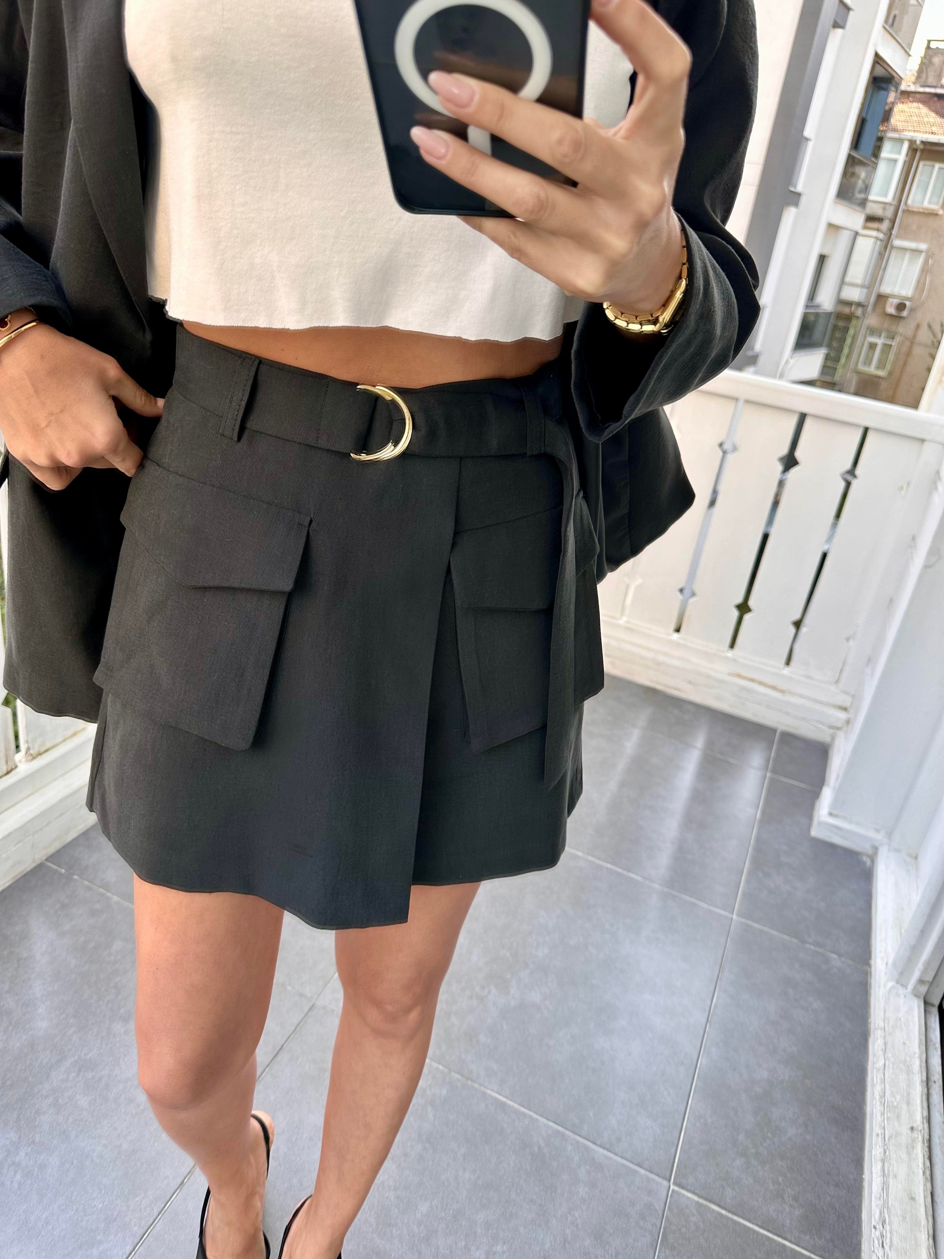 Siyah Tencel Kumaş Ceket Şort Takım