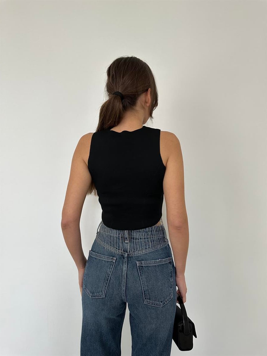 Siyah  Triko Crop Kolsuz  Bluz