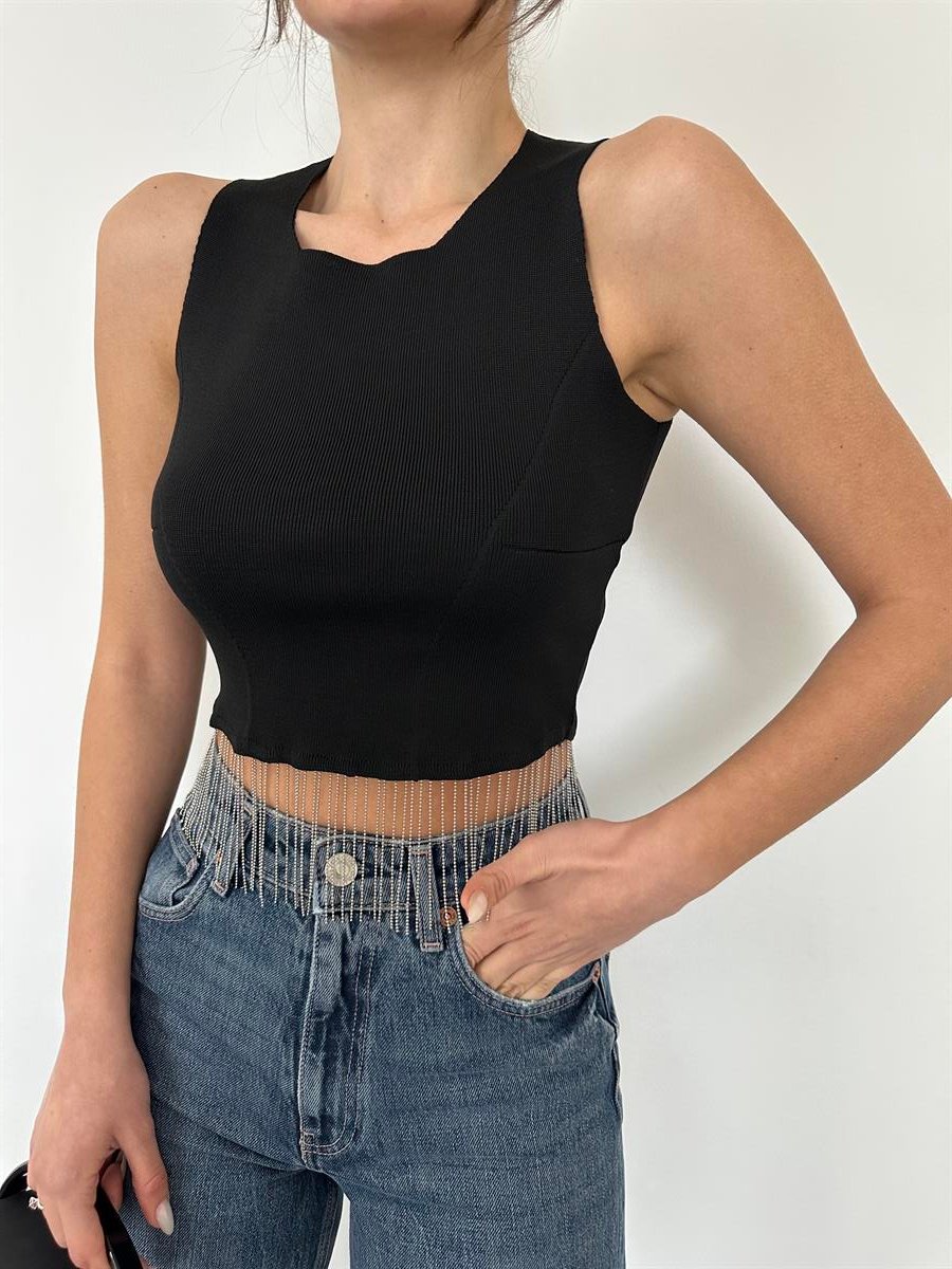 Siyah  Triko Crop Kolsuz  Bluz