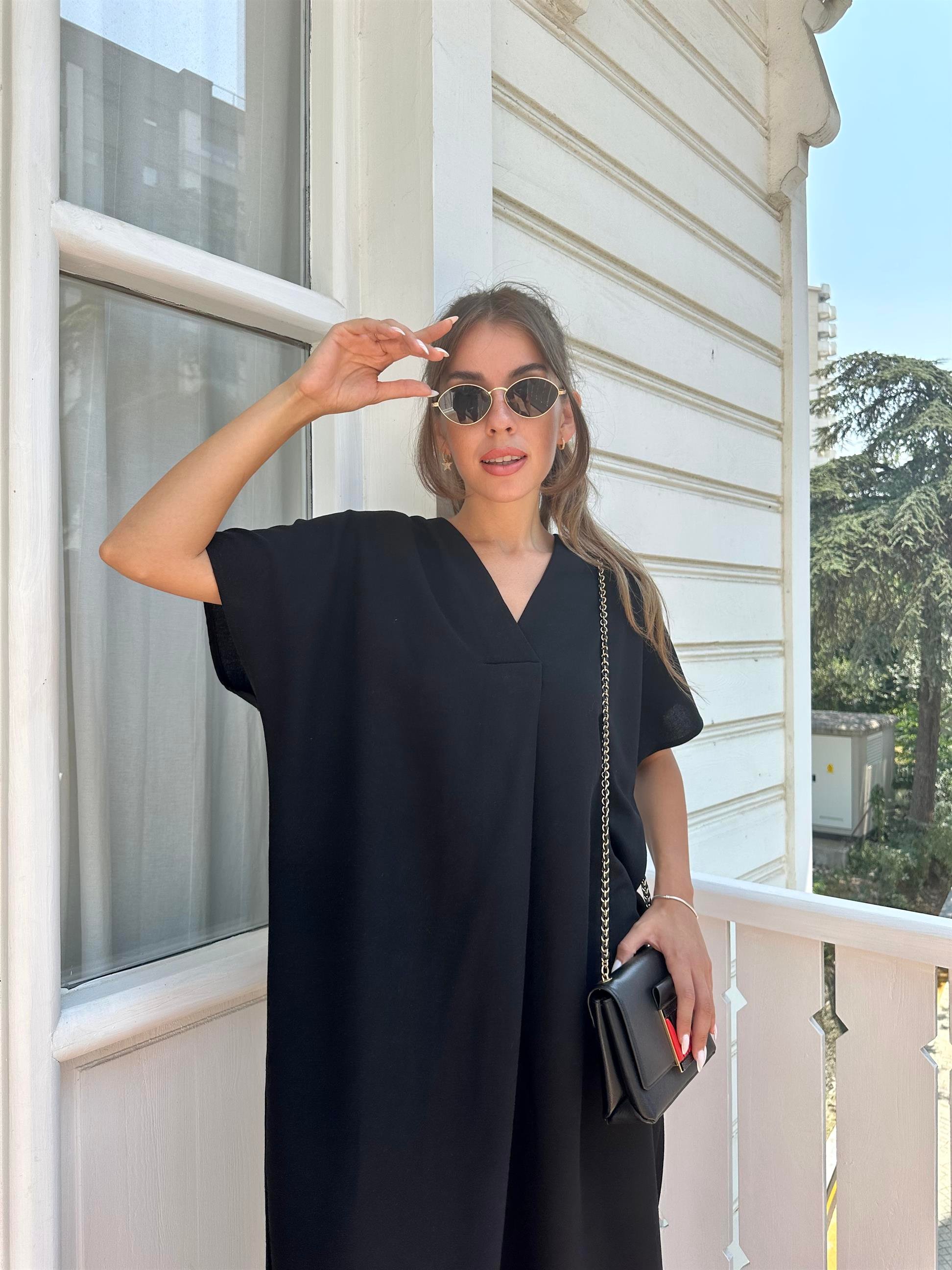 Siyah  V Yakalı Basic Kadın Elbise