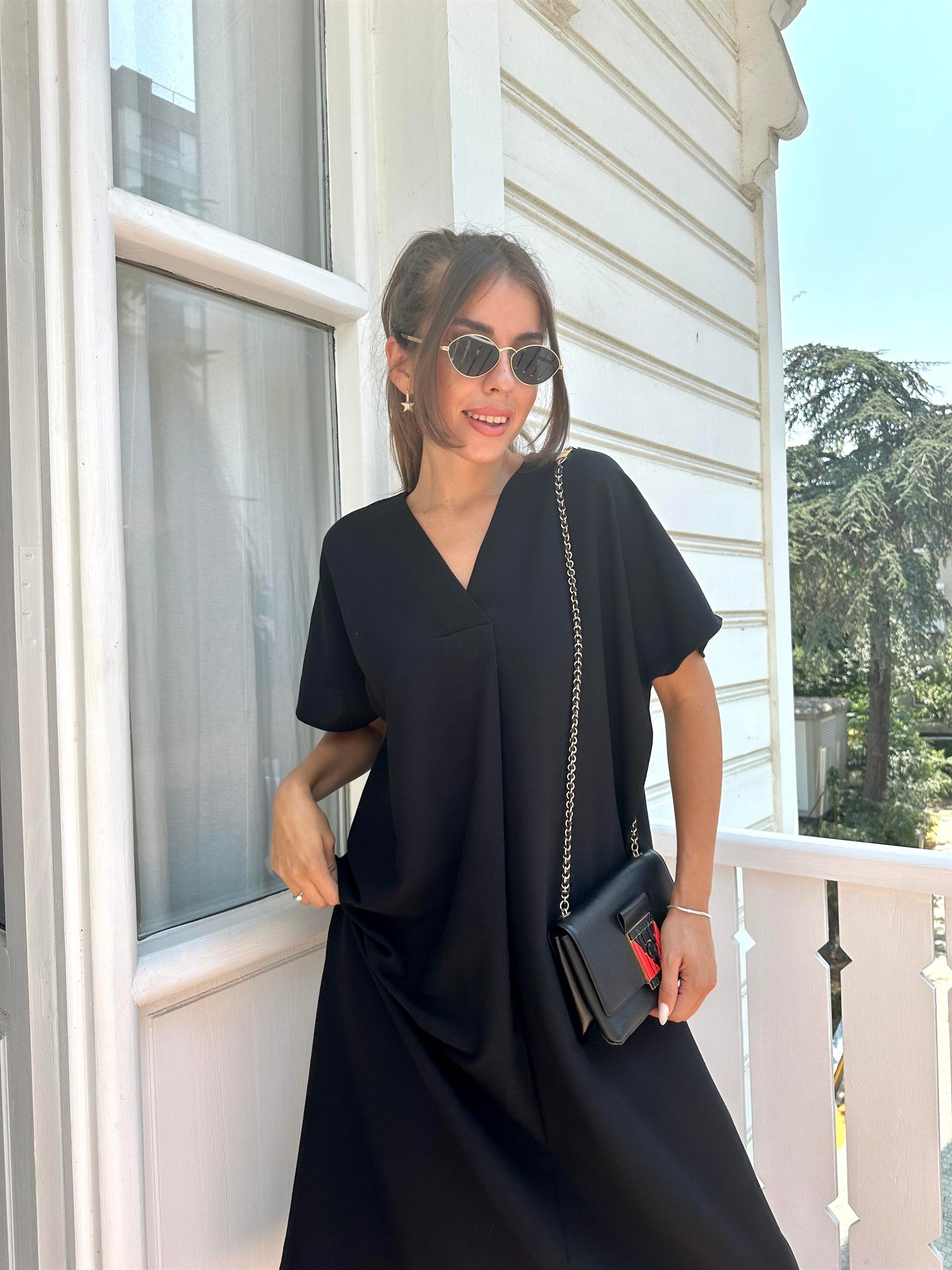 Siyah  V Yakalı Basic Kadın Elbise