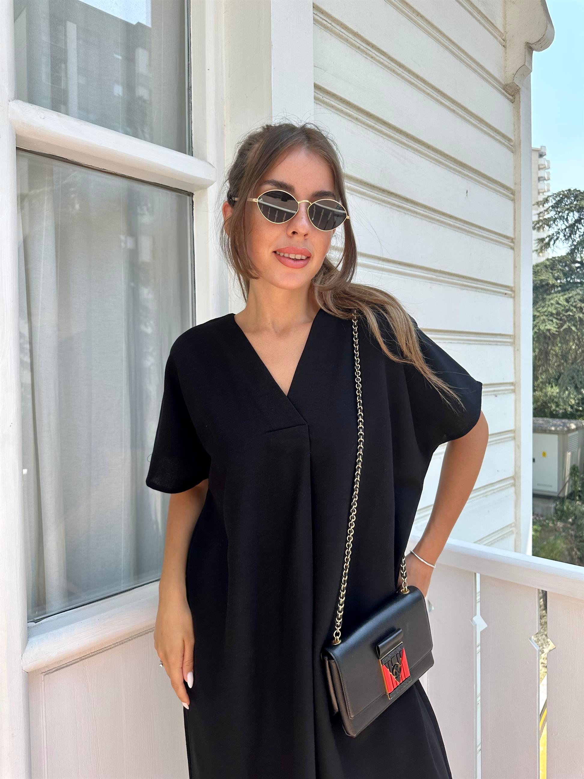 Siyah  V Yakalı Basic Kadın Elbise