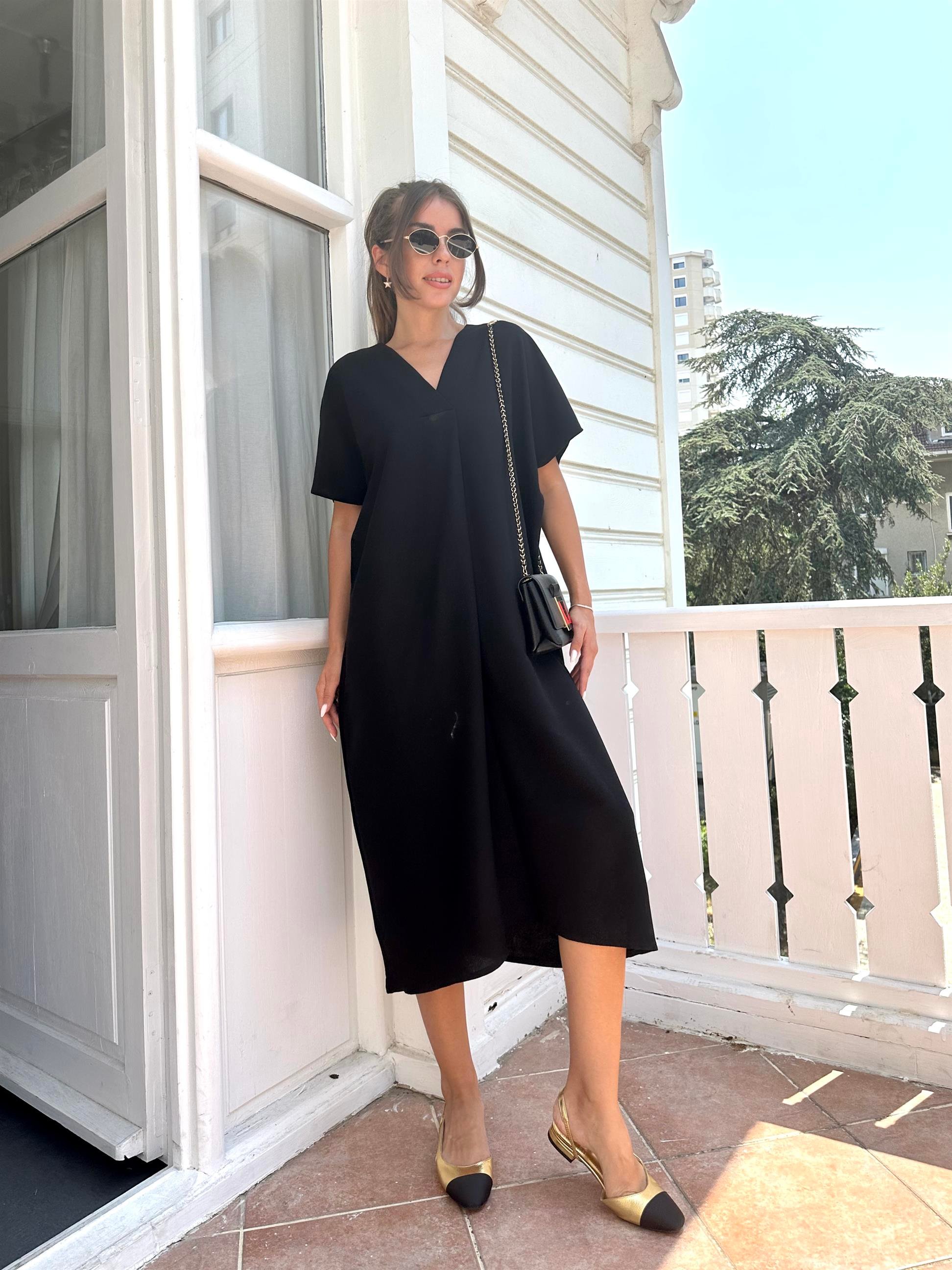 Siyah  V Yakalı Basic Kadın Elbise