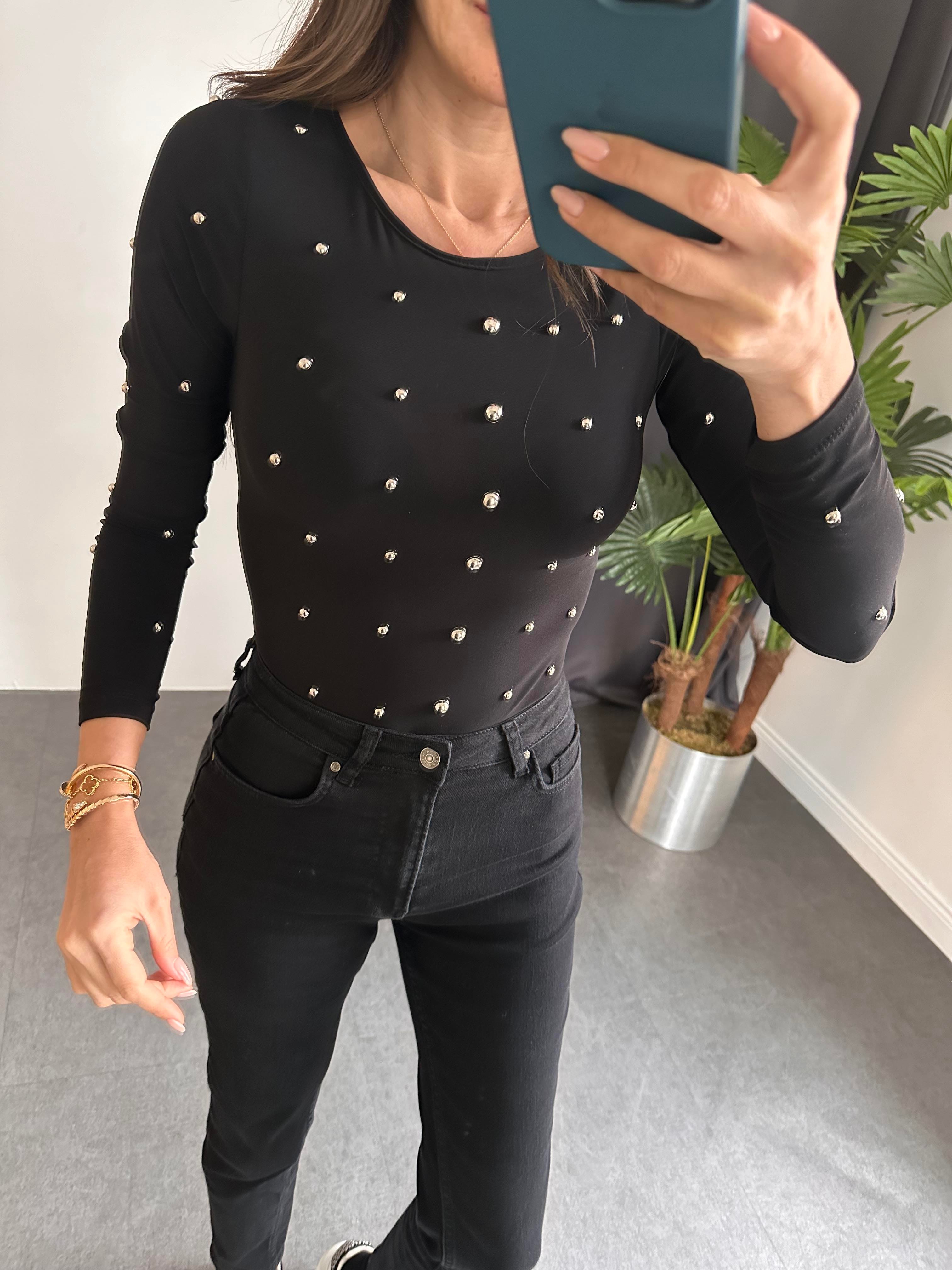 Siyah Zımba Detay Body Suit