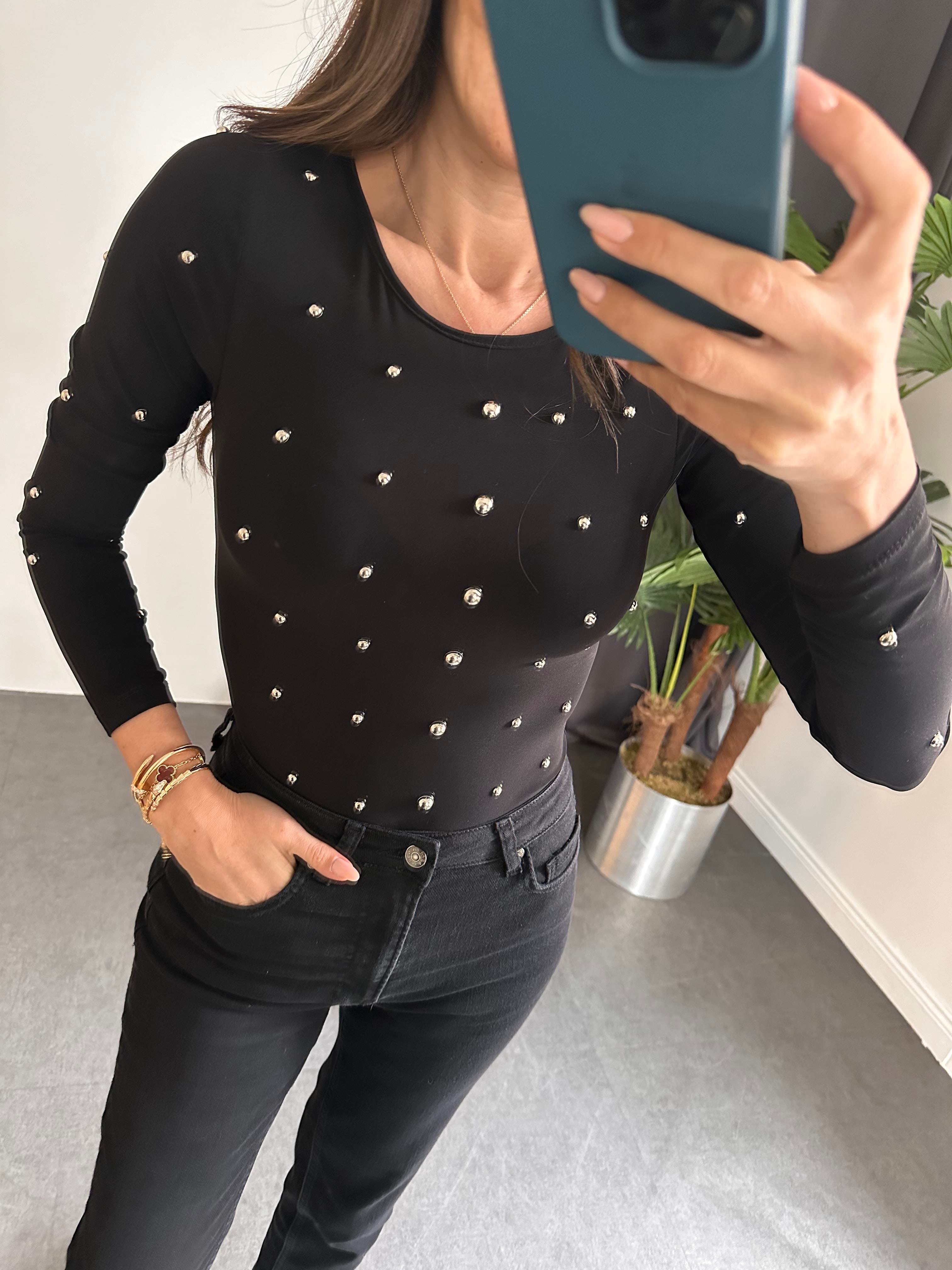 Siyah Zımba Detay Body Suit