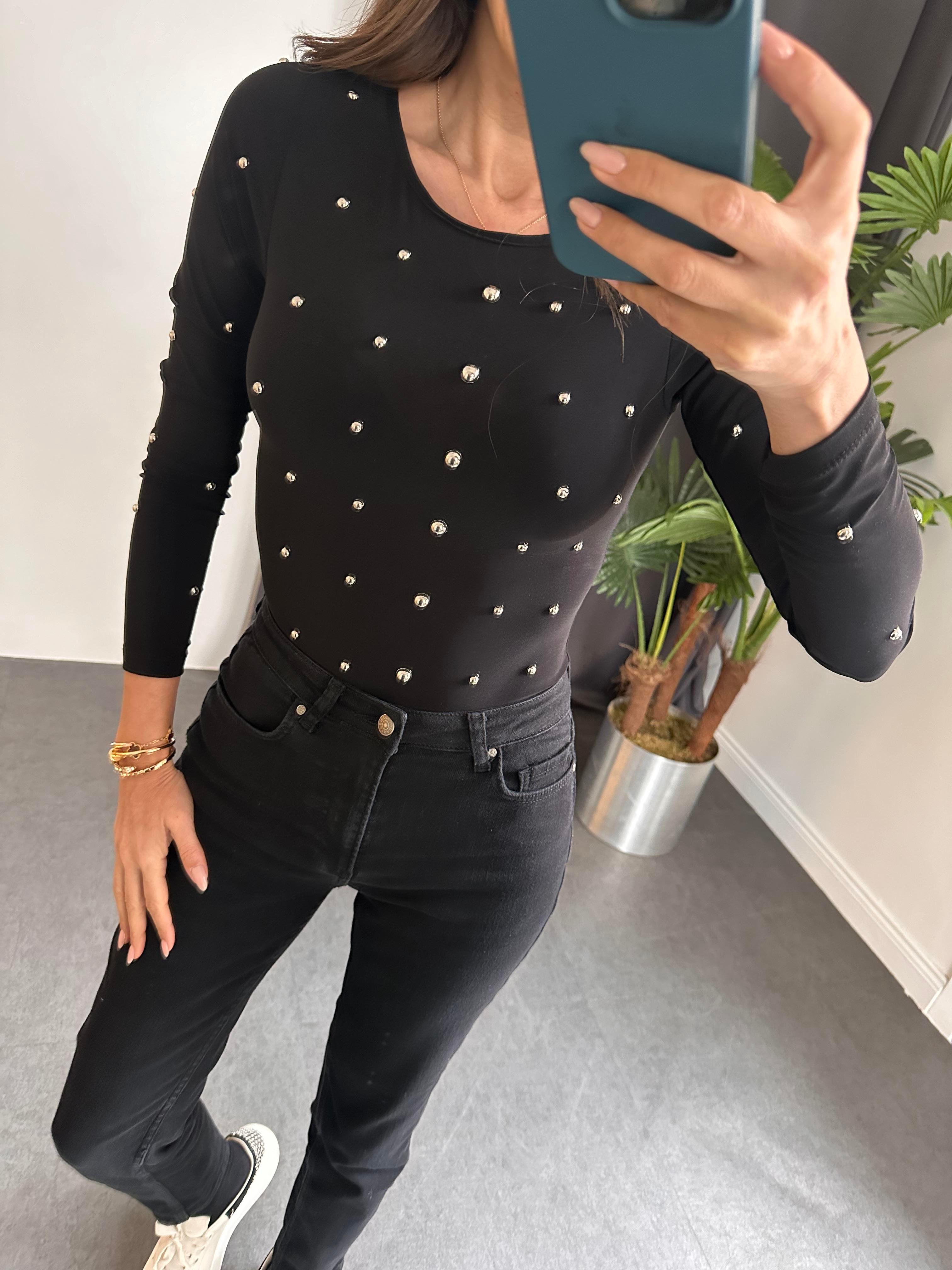 Siyah Zımba Detay Body Suit