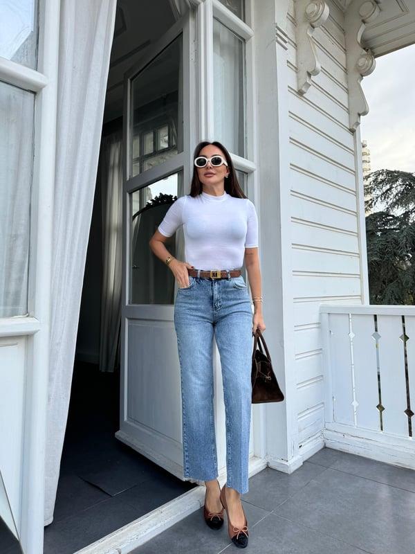 Sky-Blue Yıkamalı Düz Kesim Jean Pantolon