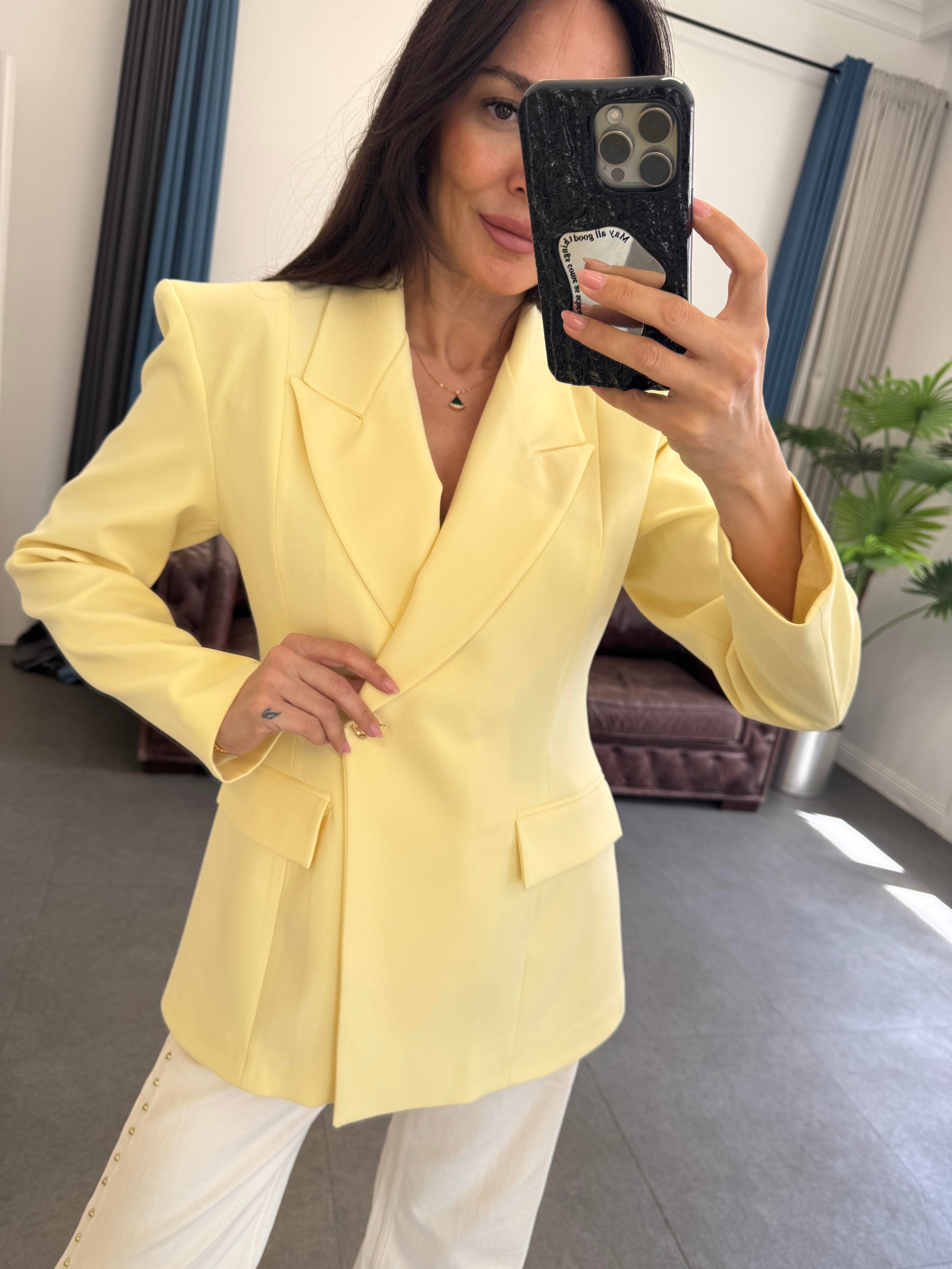 Soft Sarı Kruvaze Yaka Blazer Ceket