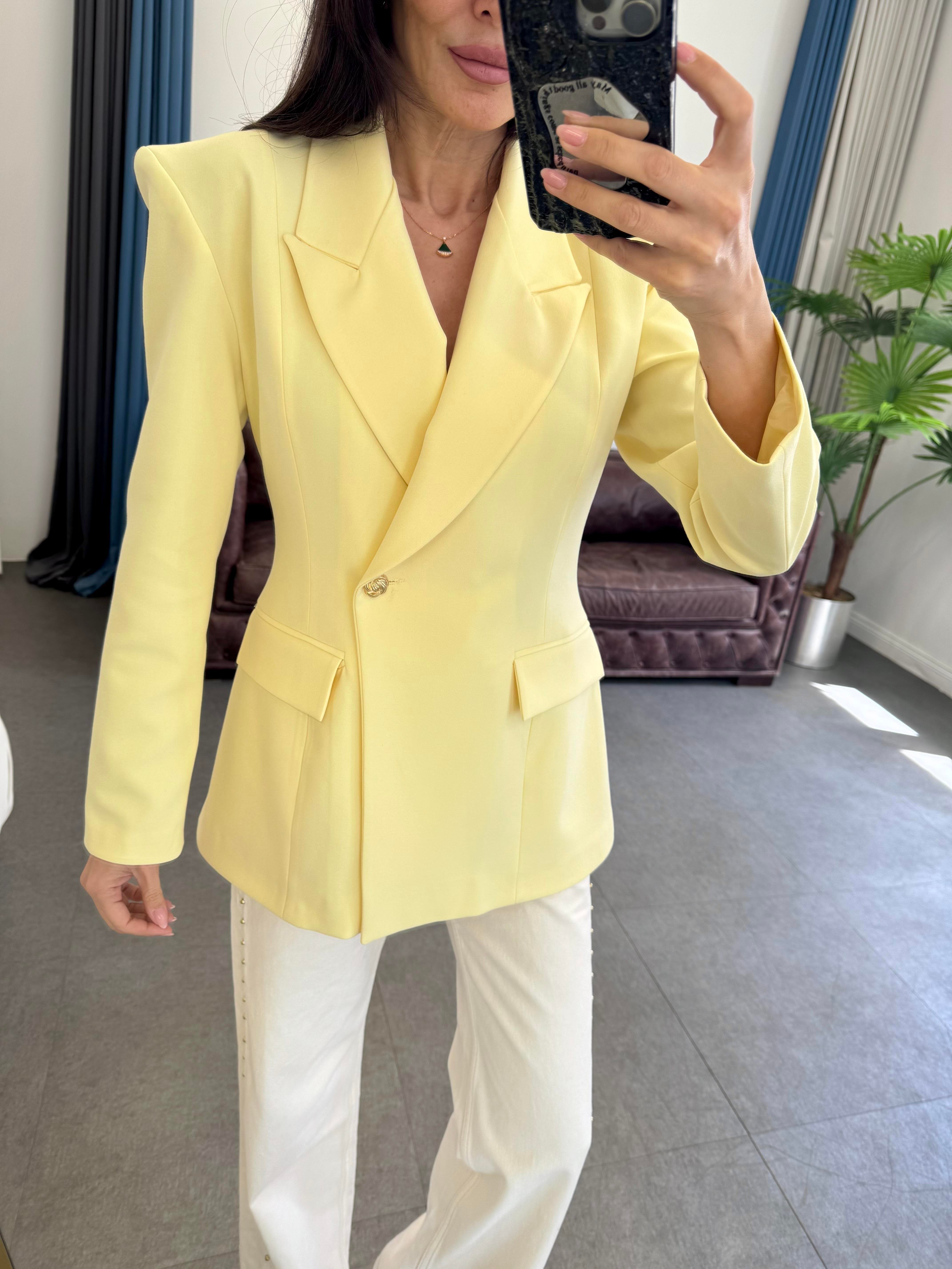Soft Sarı Kruvaze Yaka Blazer Ceket