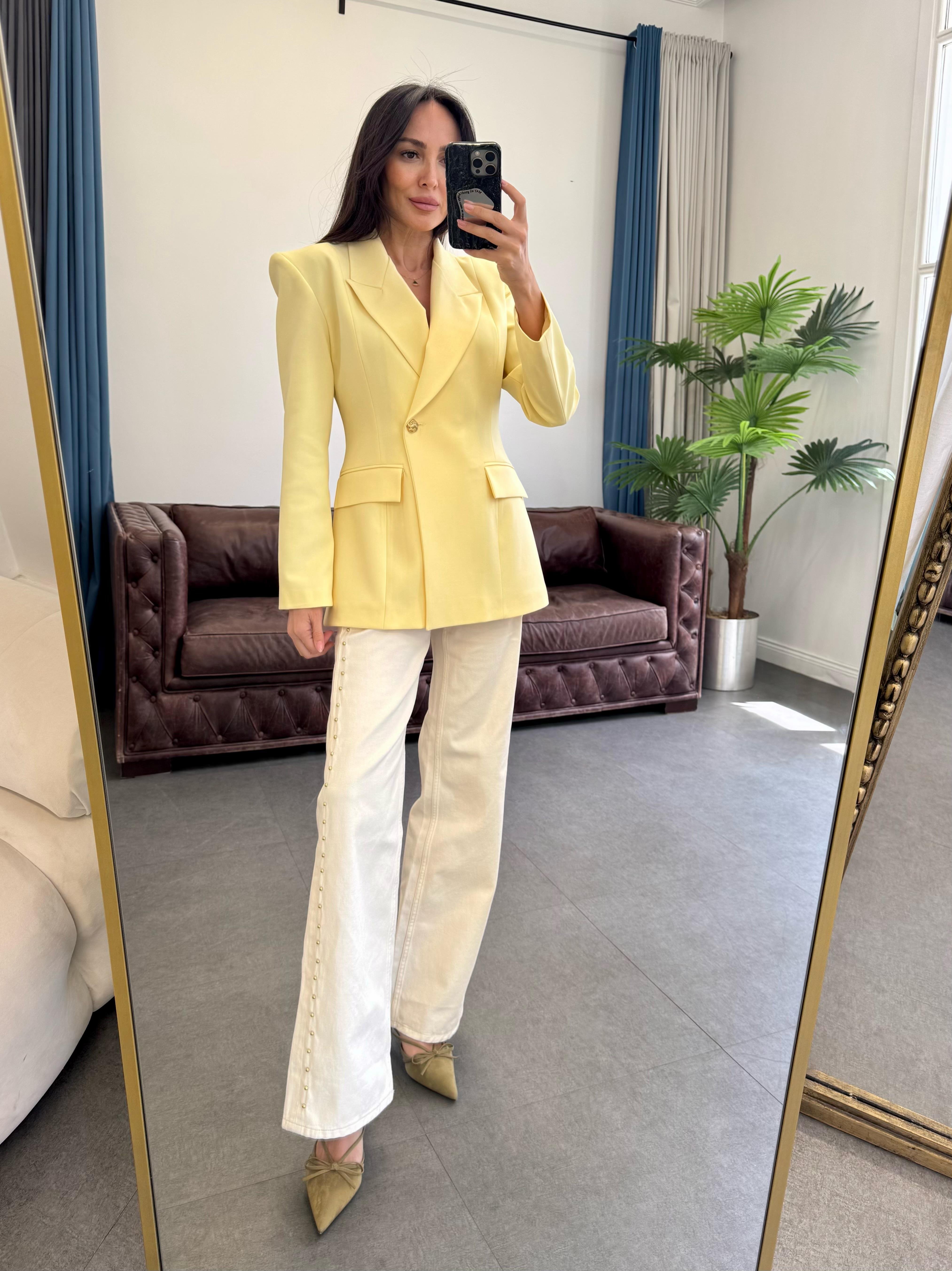 Soft Sarı Kruvaze Yaka Blazer Ceket