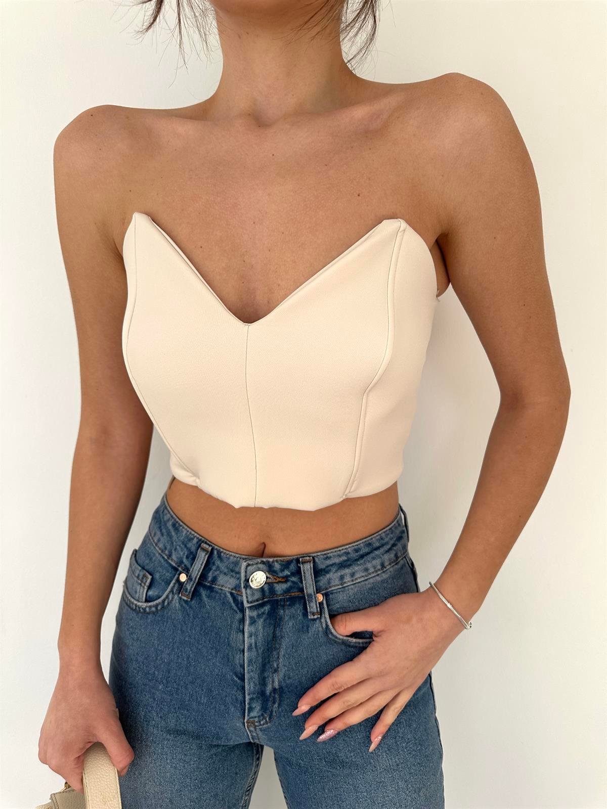 Straplez Crop Top Bej
