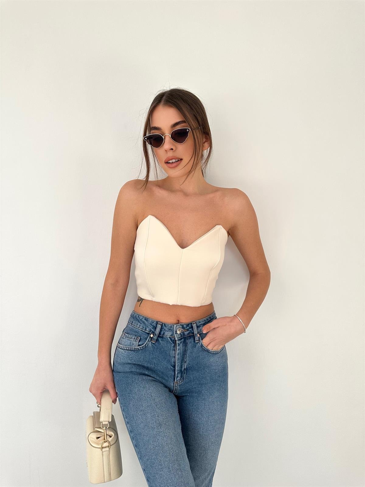 Straplez Crop Top Bej