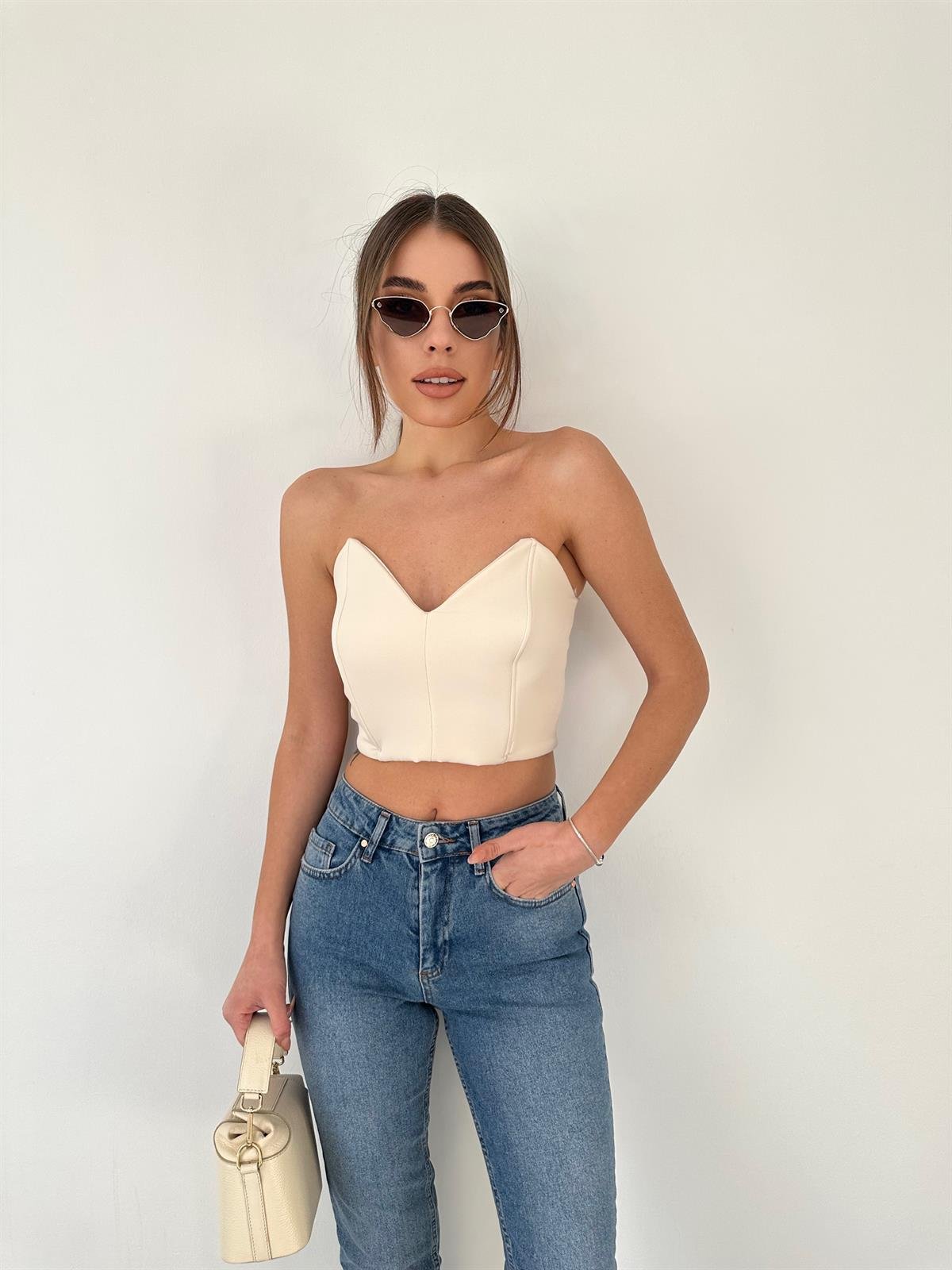 Straplez Crop Top Bej