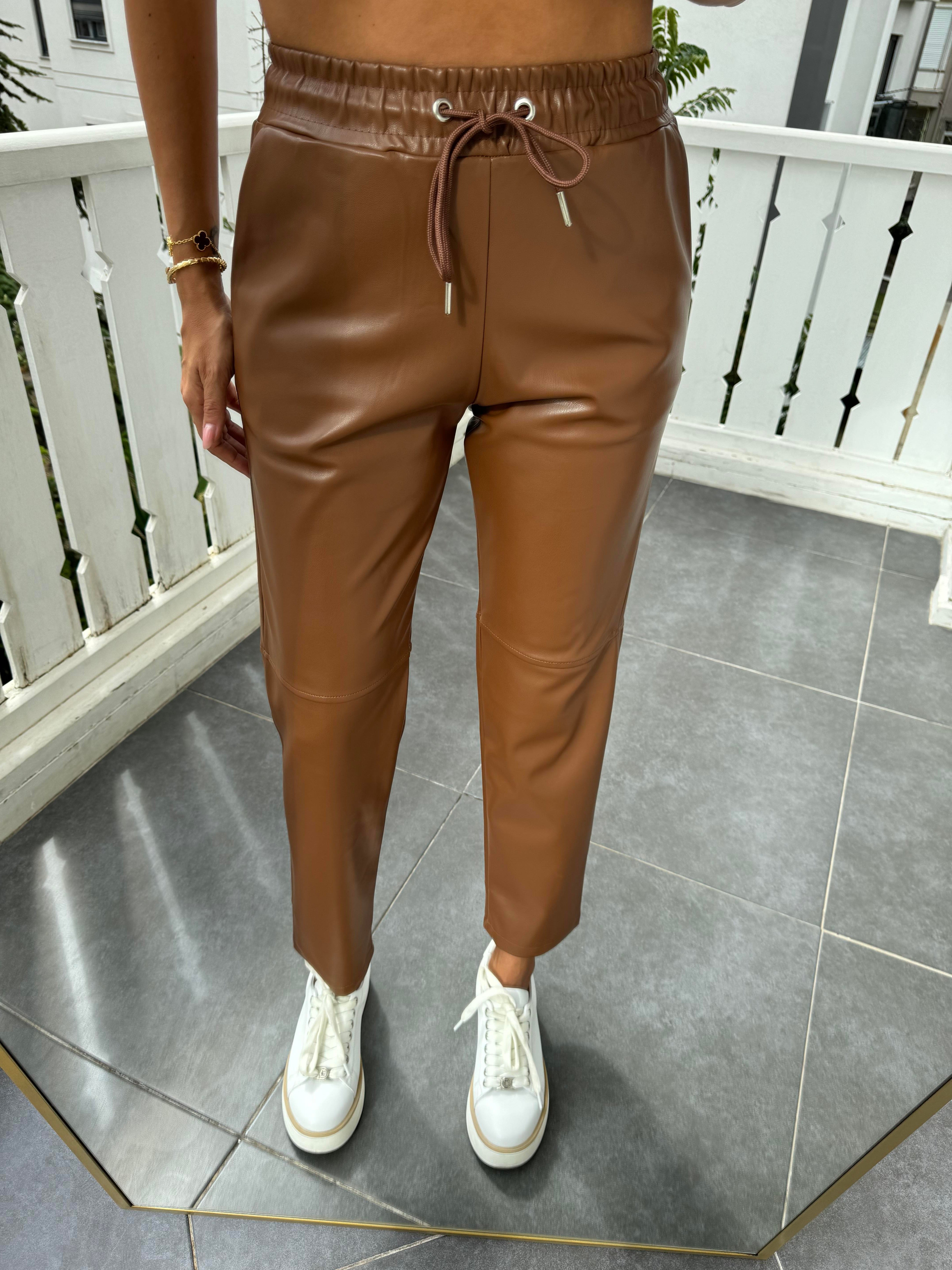 Taba Dizi Dikişli Bağcıklı ve Beli Lastikli Deri Pantolon