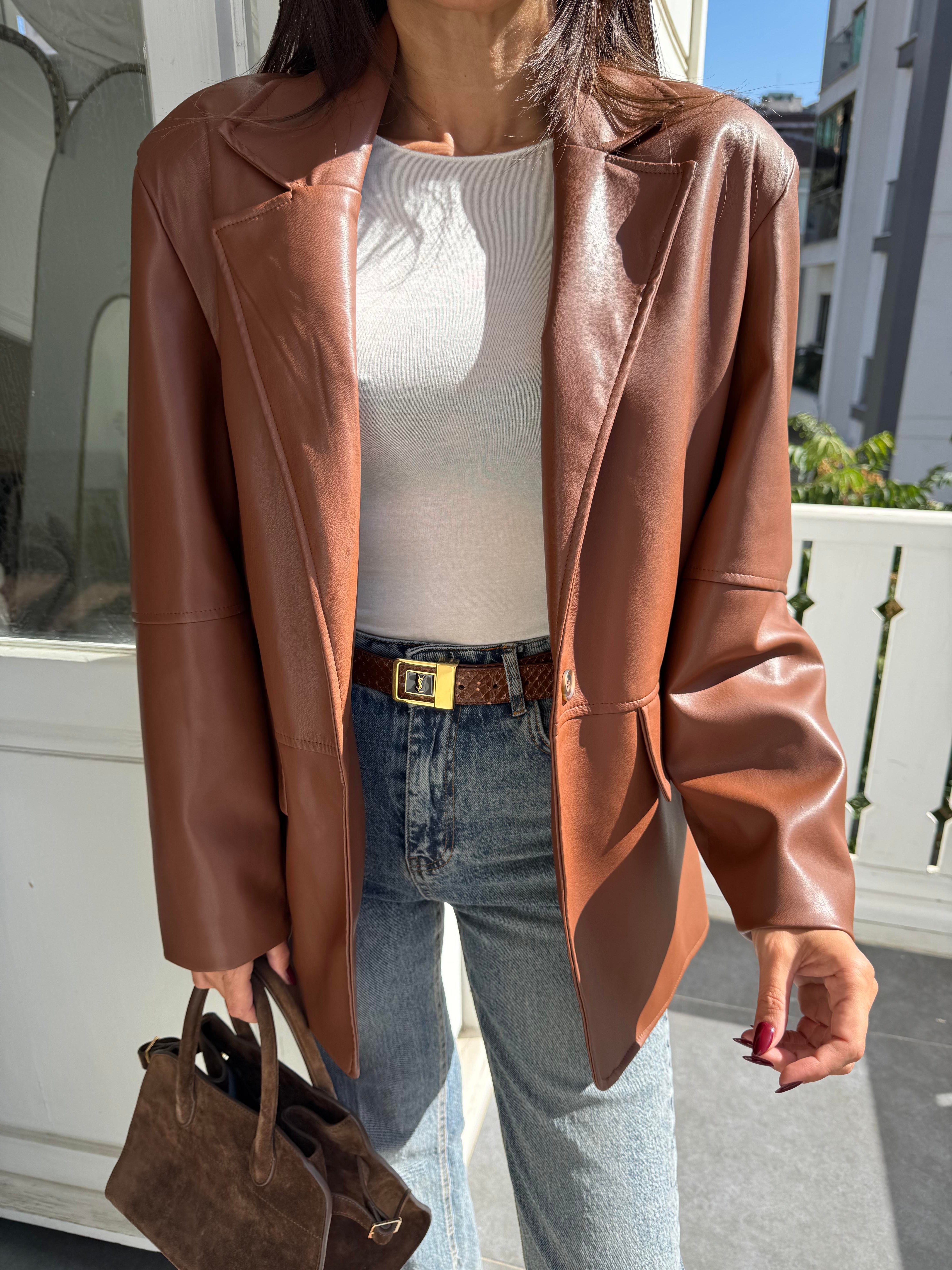 Taba Kruvaze Kesim Deri Blazer Ceket