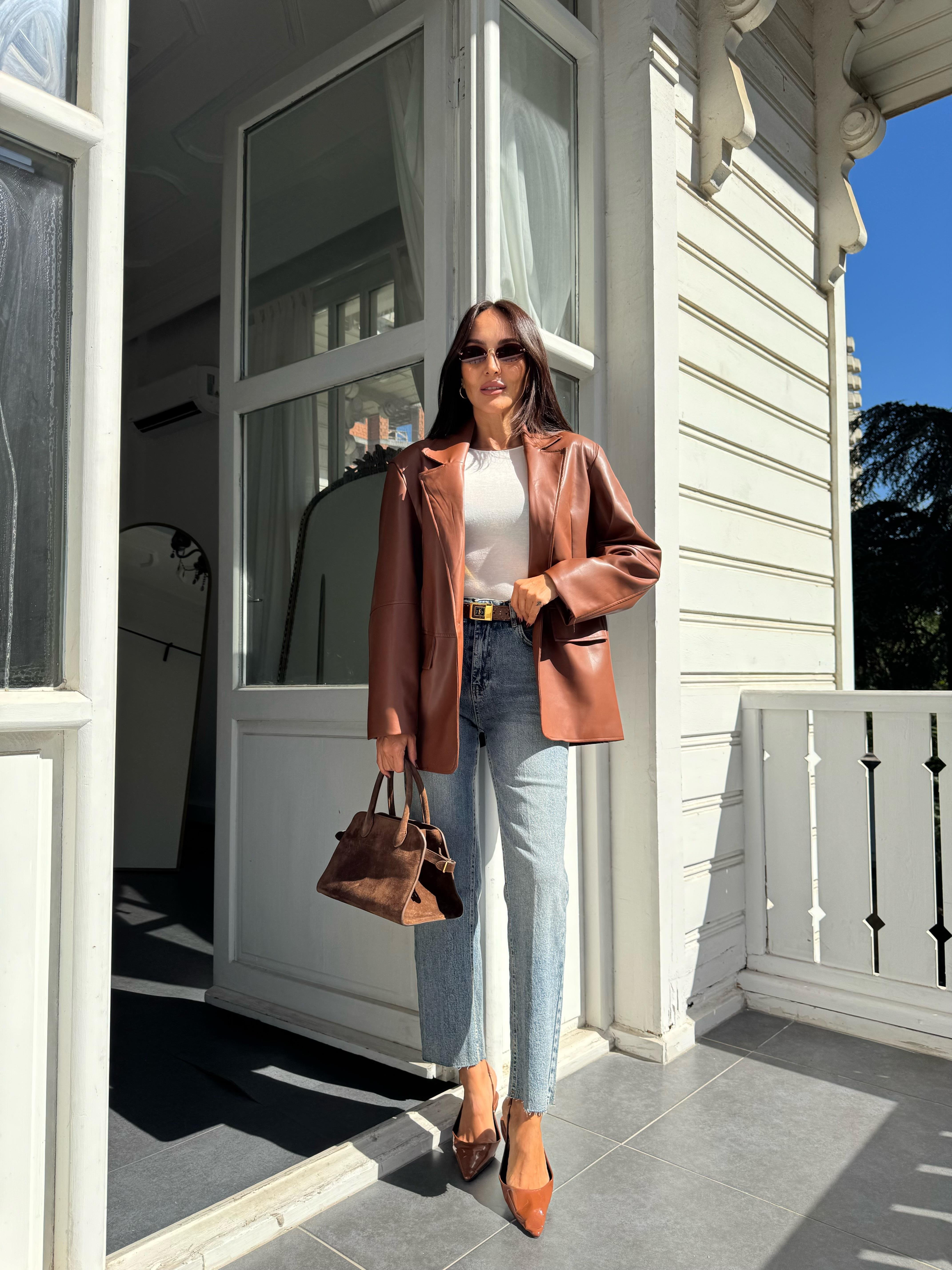 Taba Kruvaze Kesim Deri Blazer Ceket