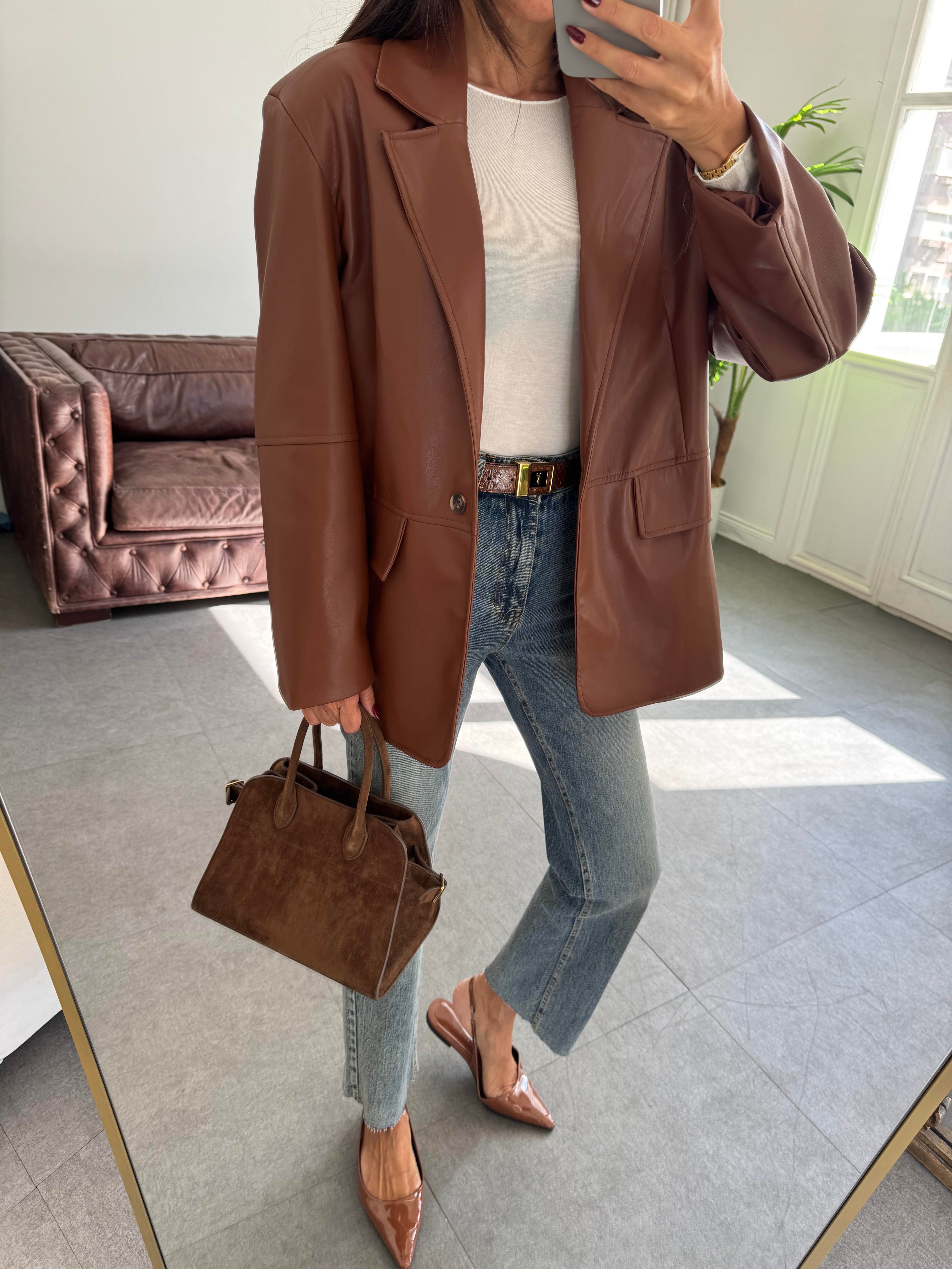 Taba Kruvaze Kesim Deri Blazer Ceket