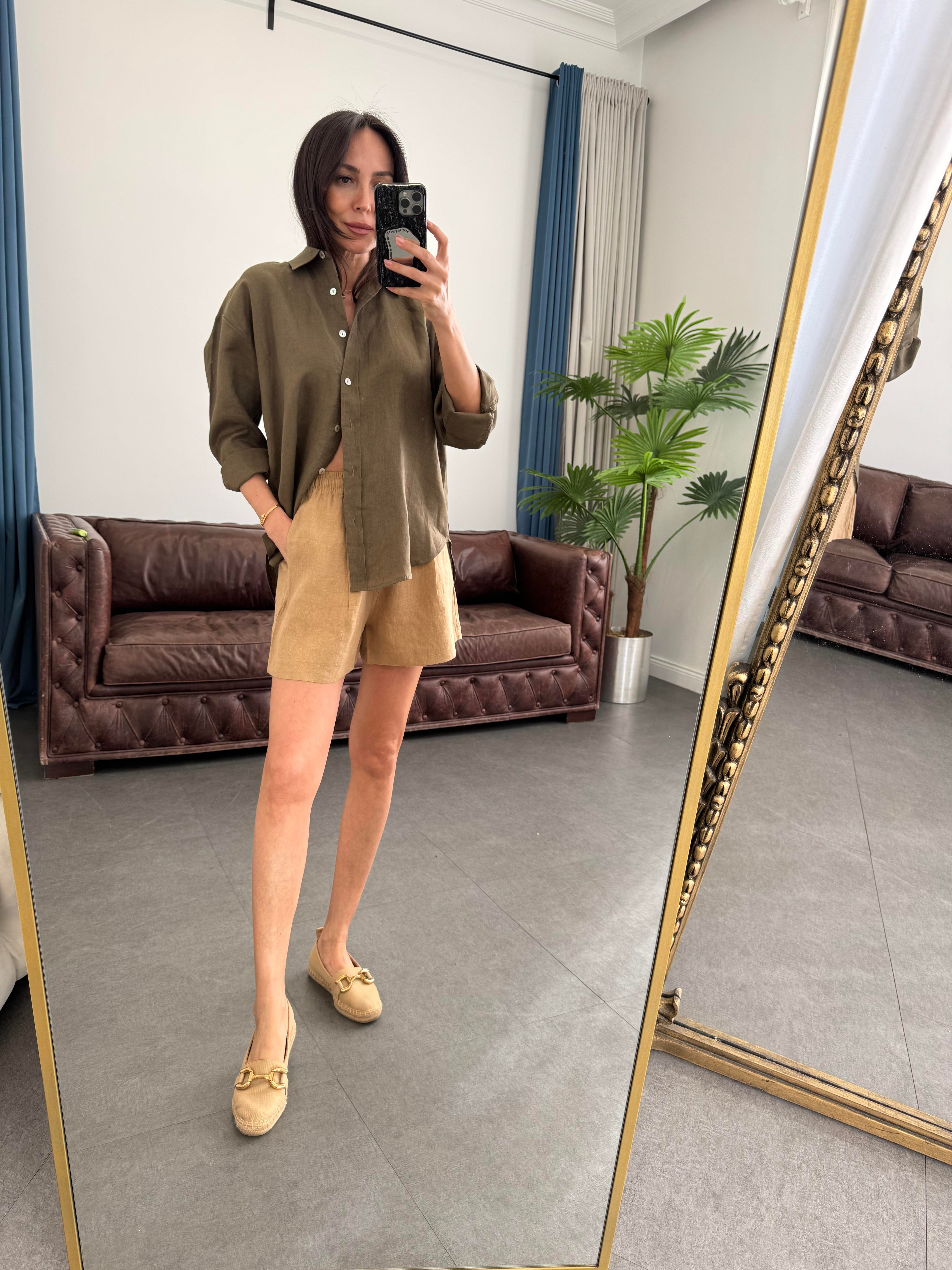 Taba Soluk Efekt Beli Lastikli Keten Şort