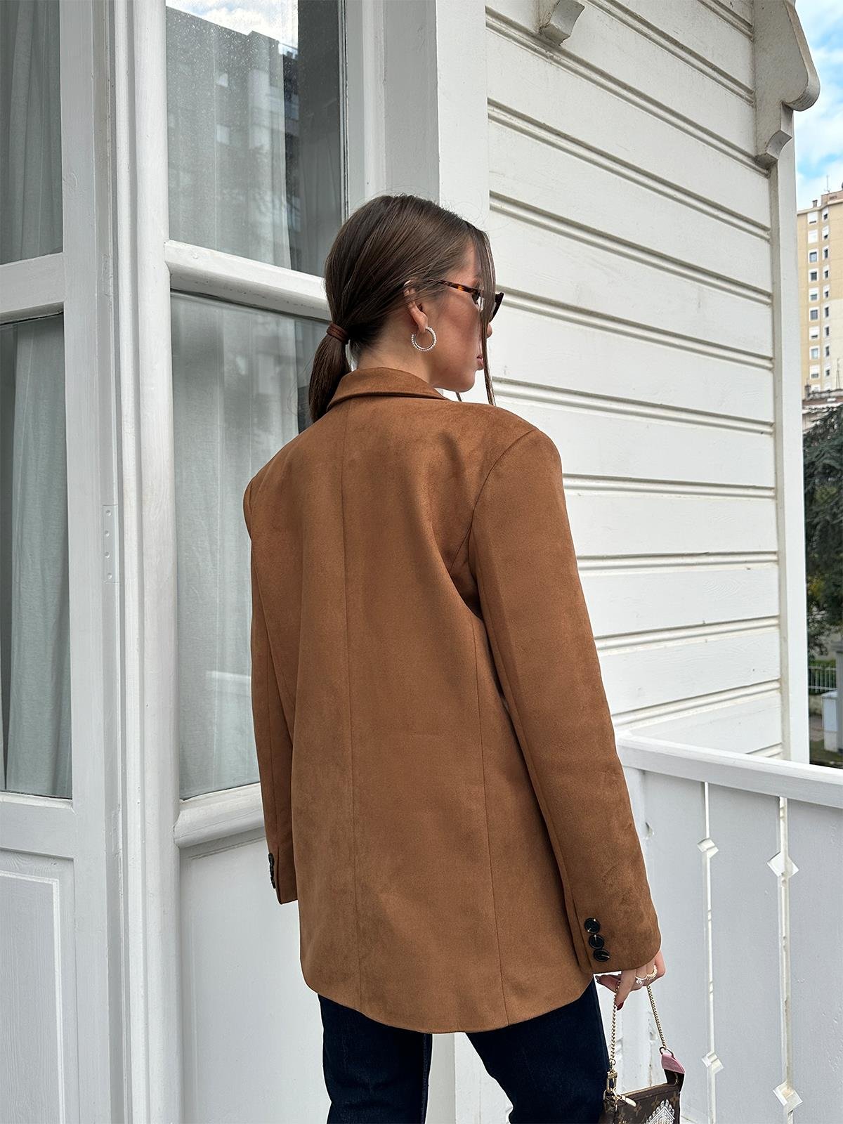 Taba Tek Düğmeli Süet Blazer Ceket