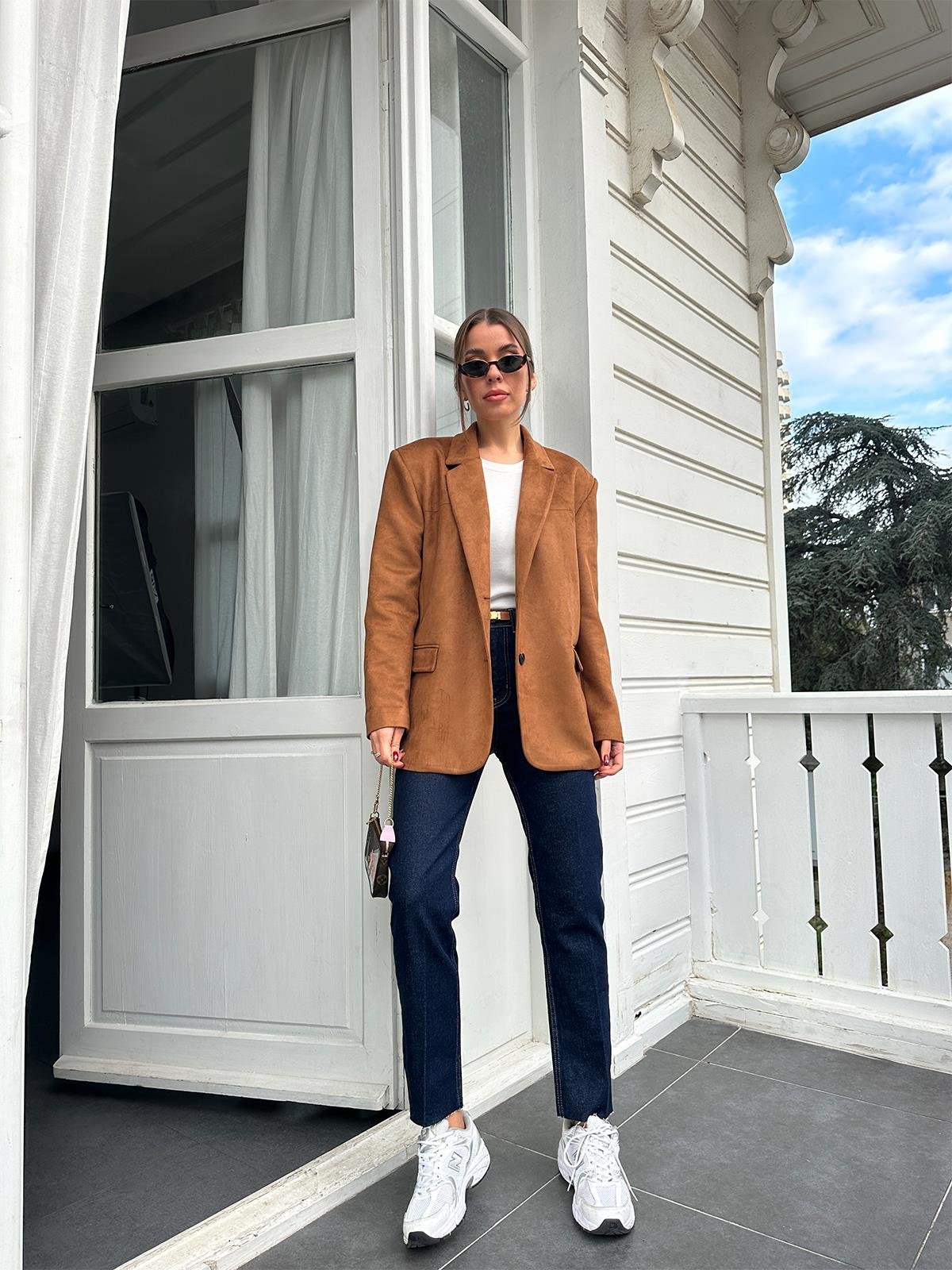 Taba Tek Düğmeli Süet Blazer Ceket