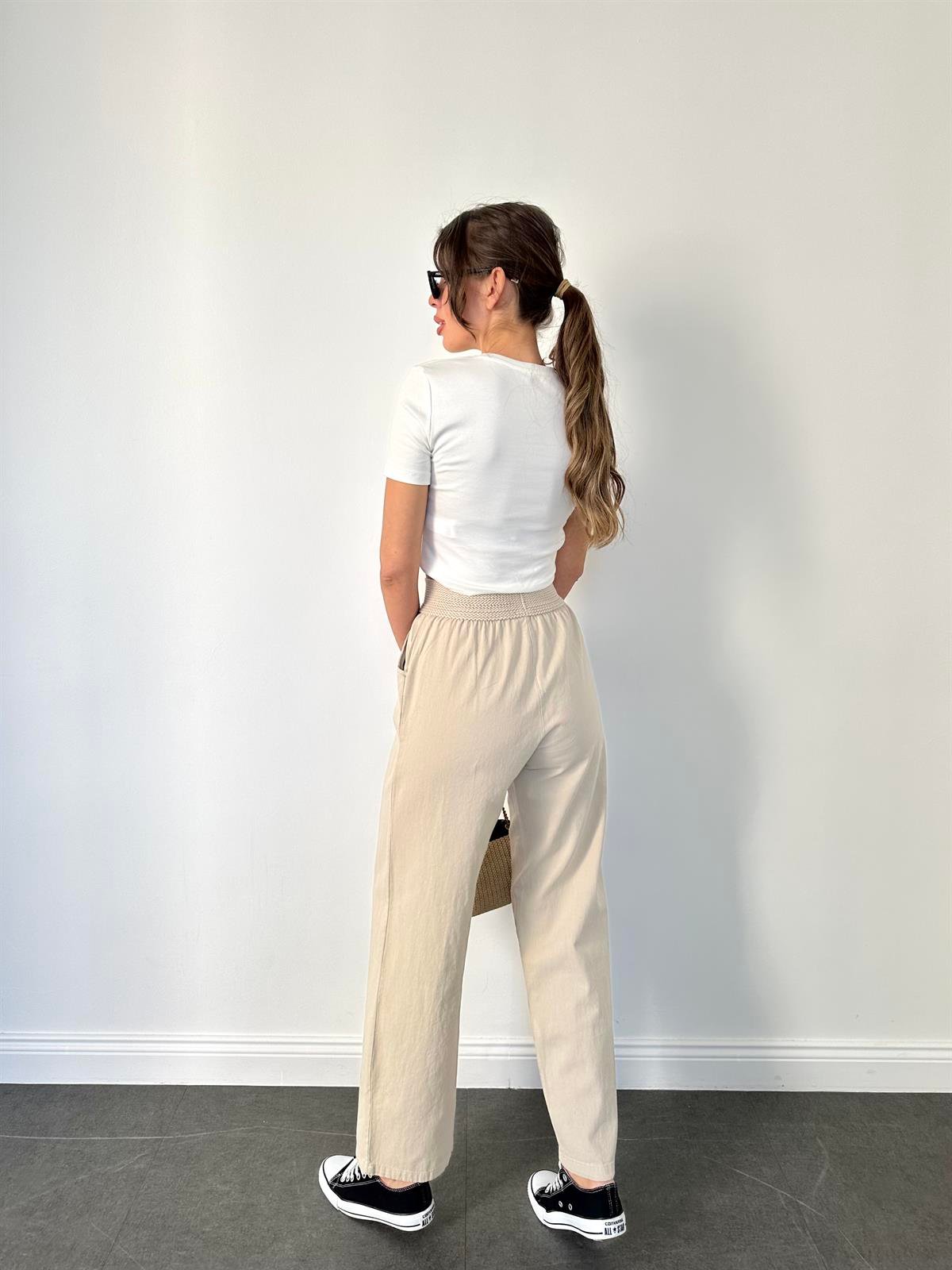 Taş Rengi  Örgü Kemer Gabardin Pantolon