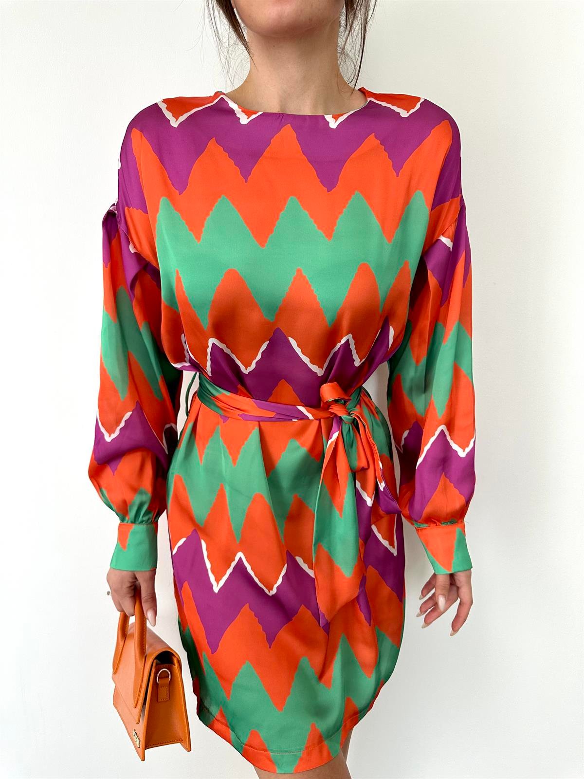 Turuncu  Kemerli Zigzag Saten Elbise