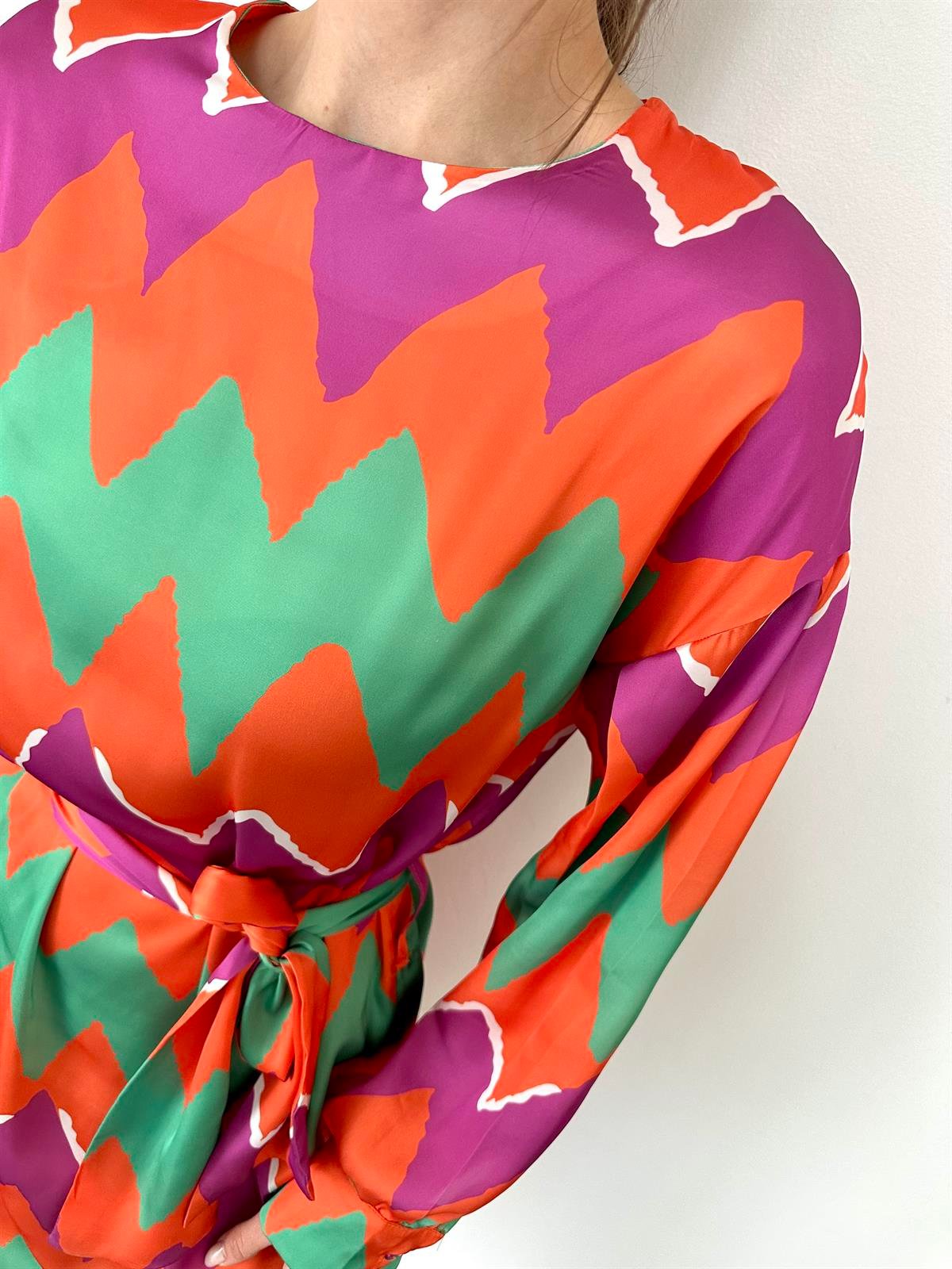 Turuncu  Kemerli Zigzag Saten Elbise