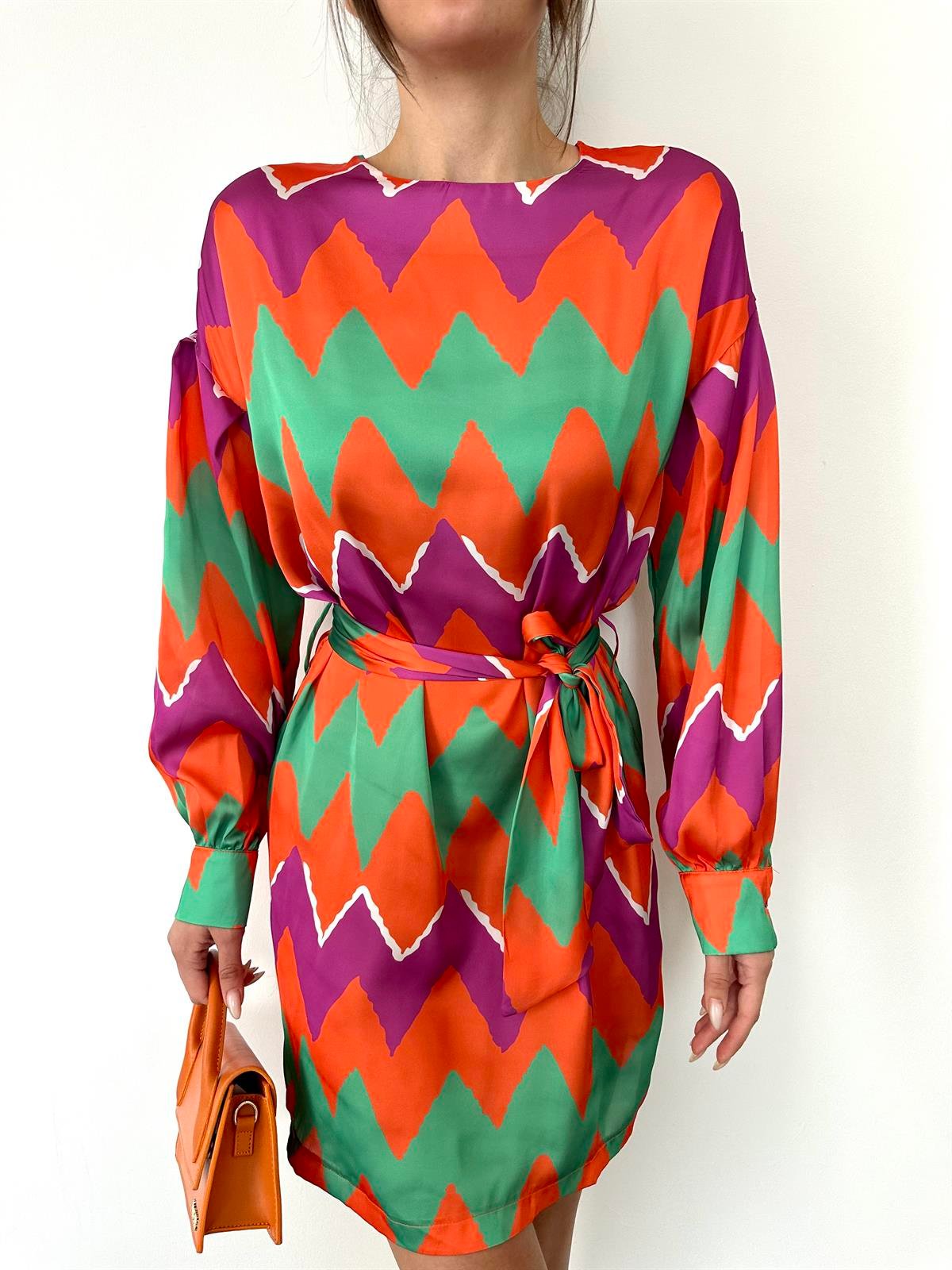 Turuncu  Kemerli Zigzag Saten Elbise