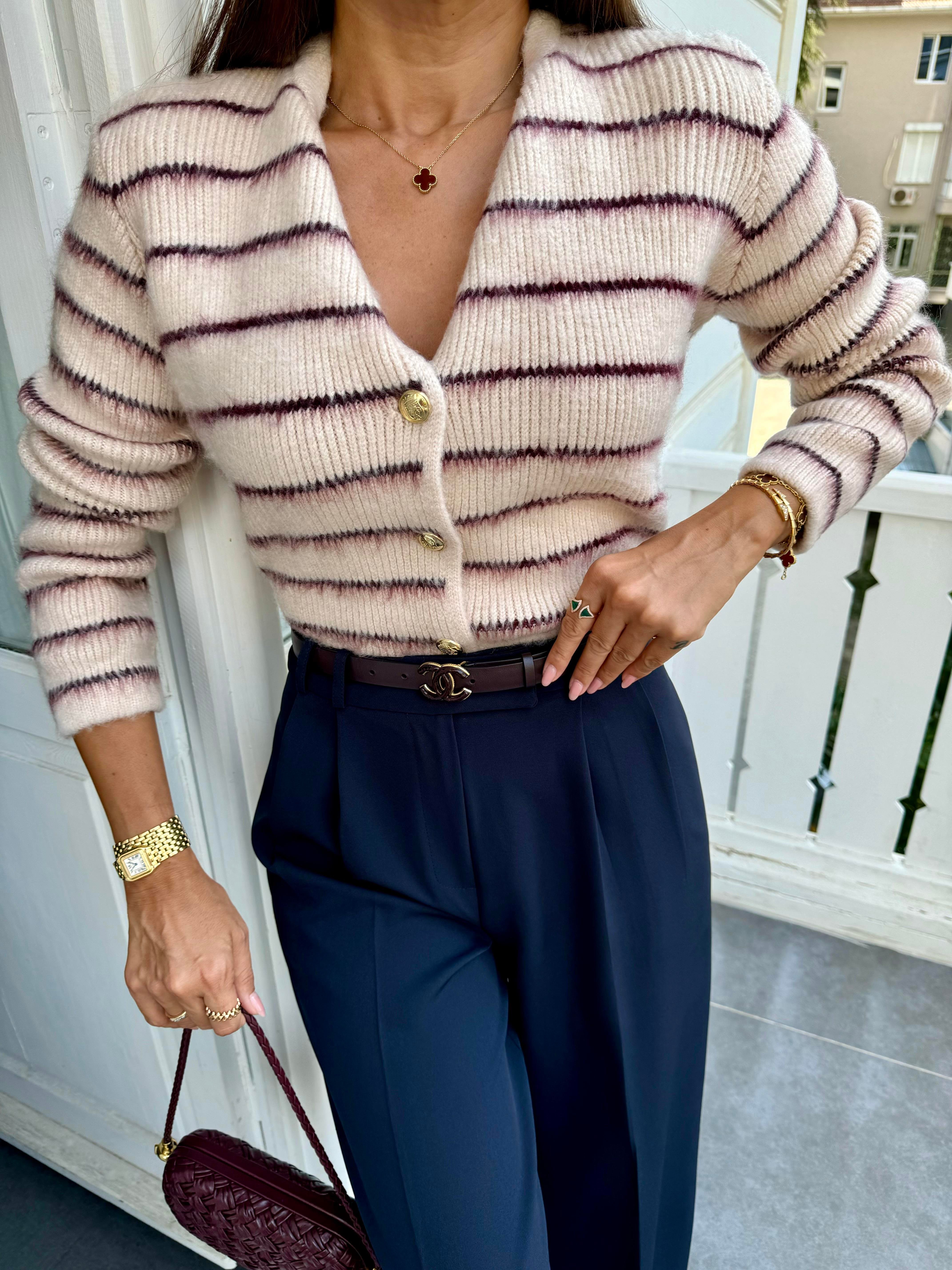 Vanilya Şardonlu İnce Çizgili Hırka