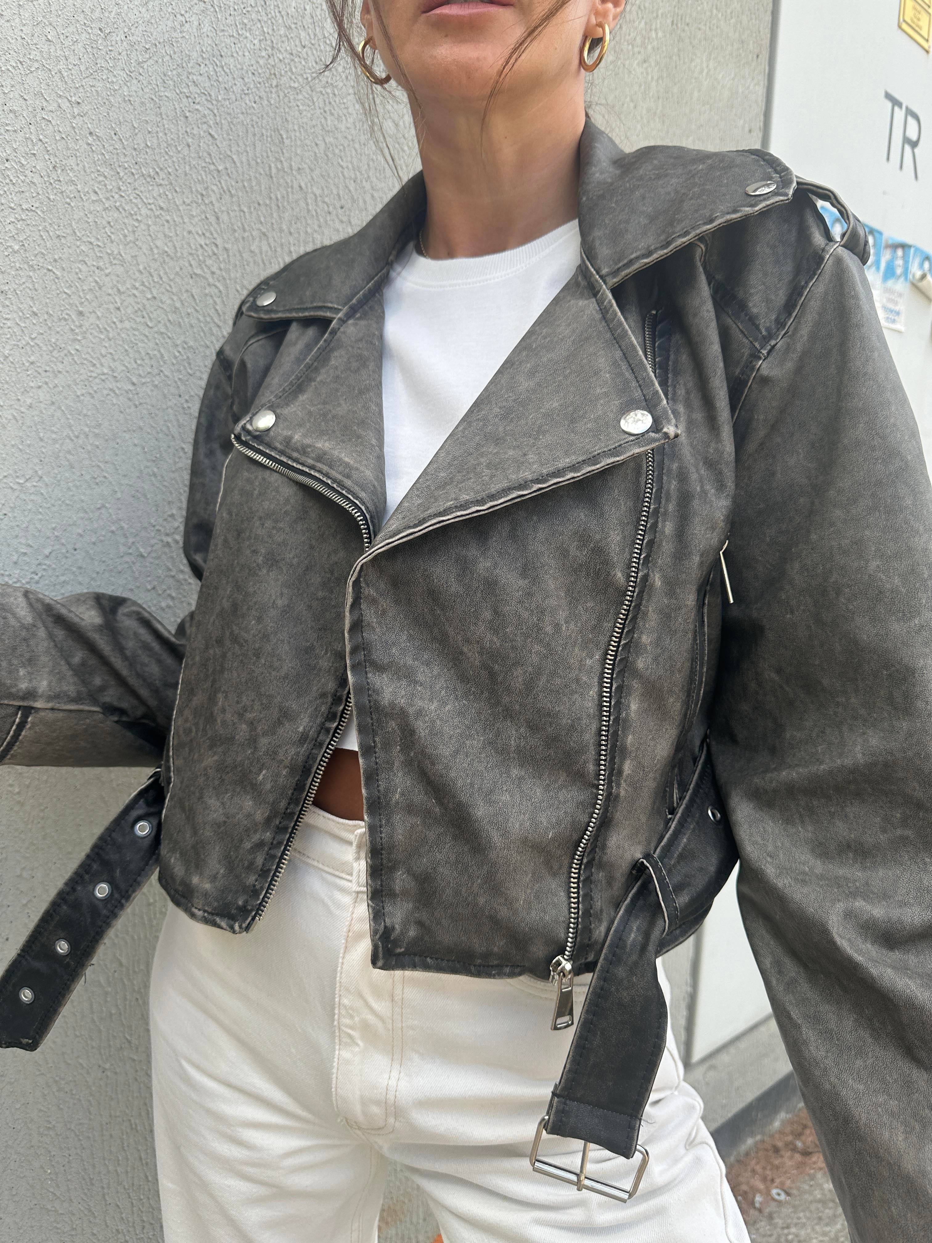 Vintage Biker Eskitme Deri Ceket