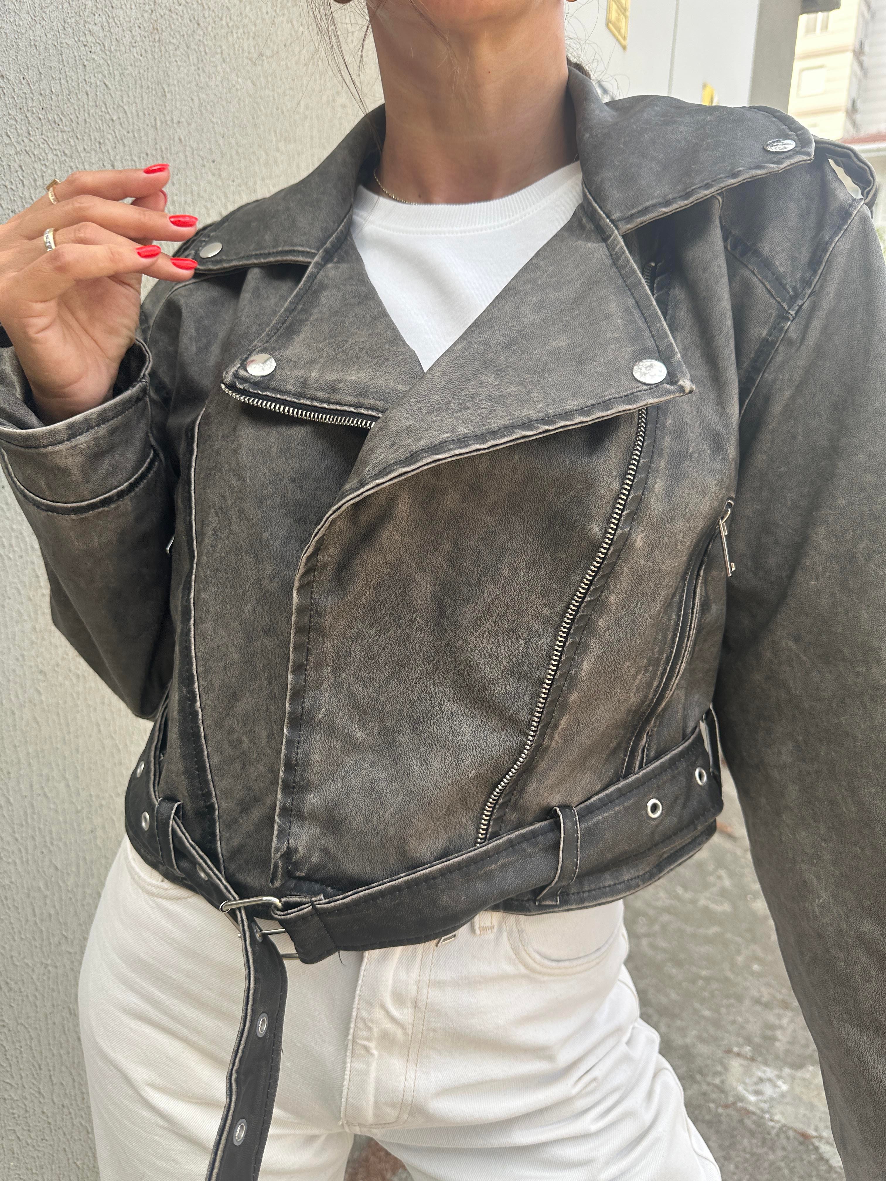 Vintage Biker Eskitme Deri Ceket