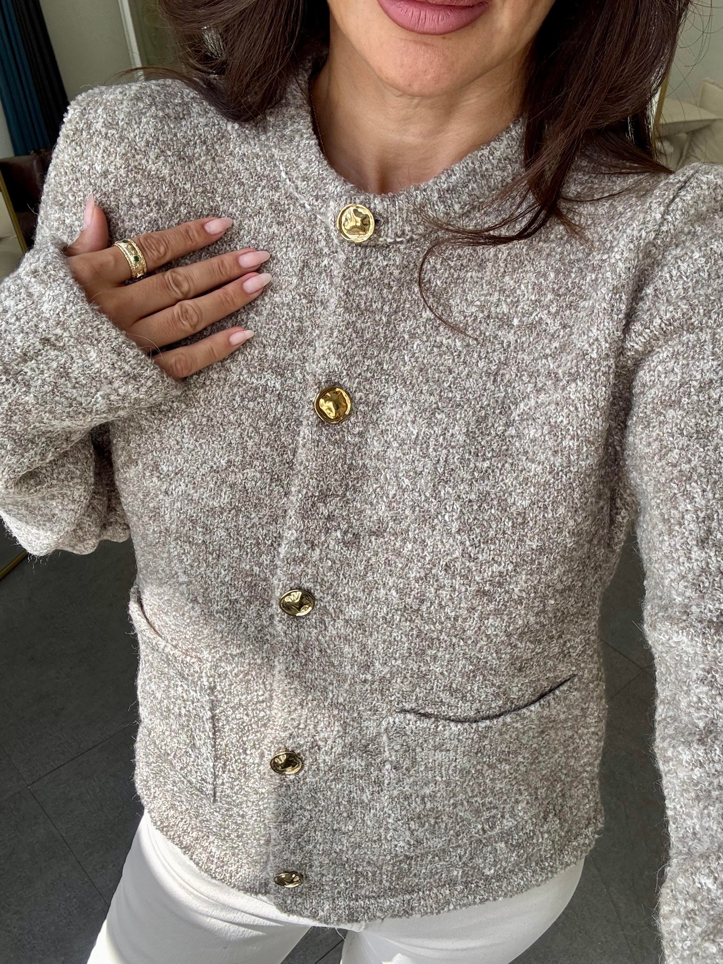 Vizon Bisiklet Yaka Buklet Cepli Düğmeli Triko Hırka