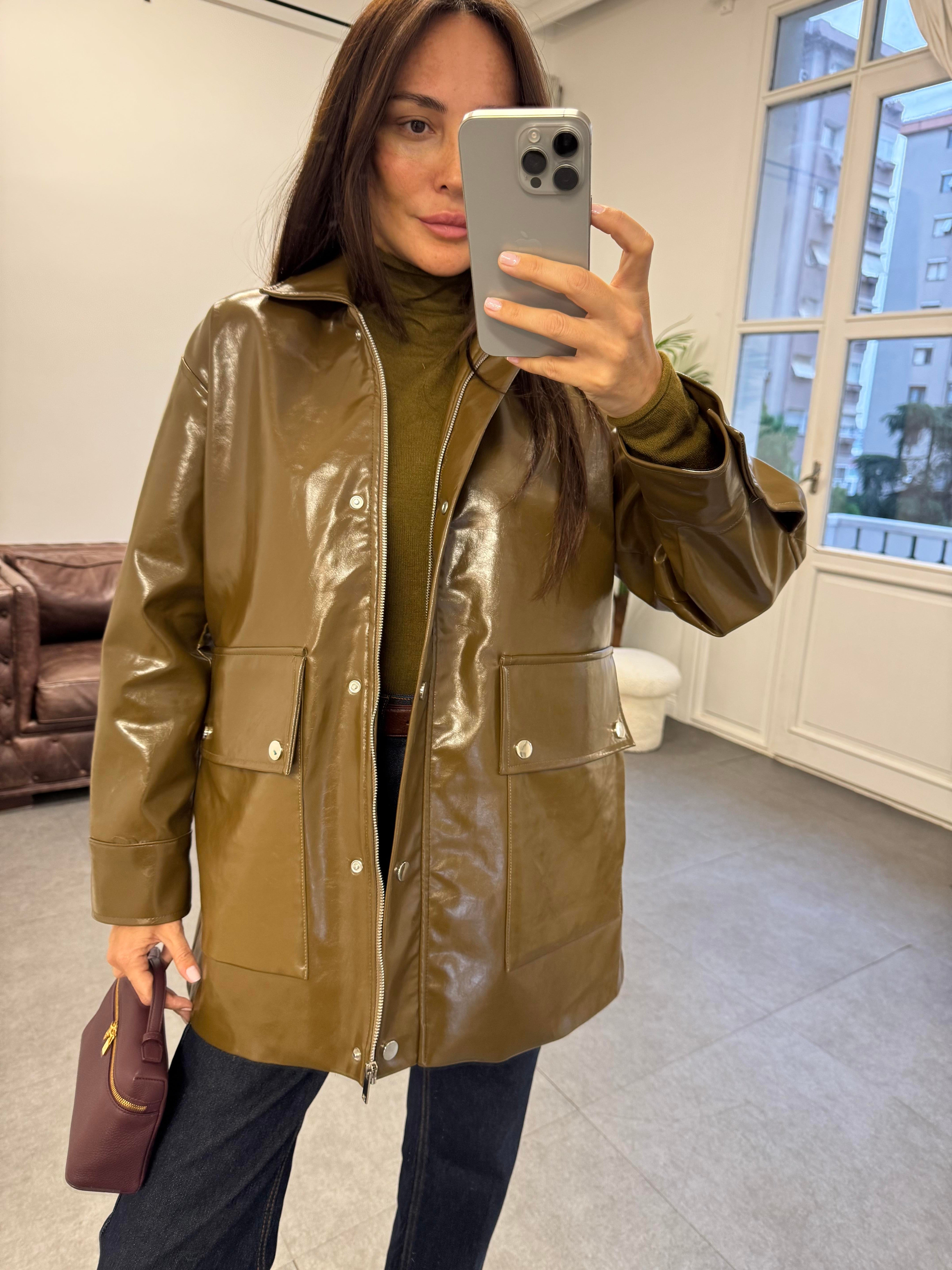 Yağ Yeşili Parlak 2 Cepli Deri Ceket