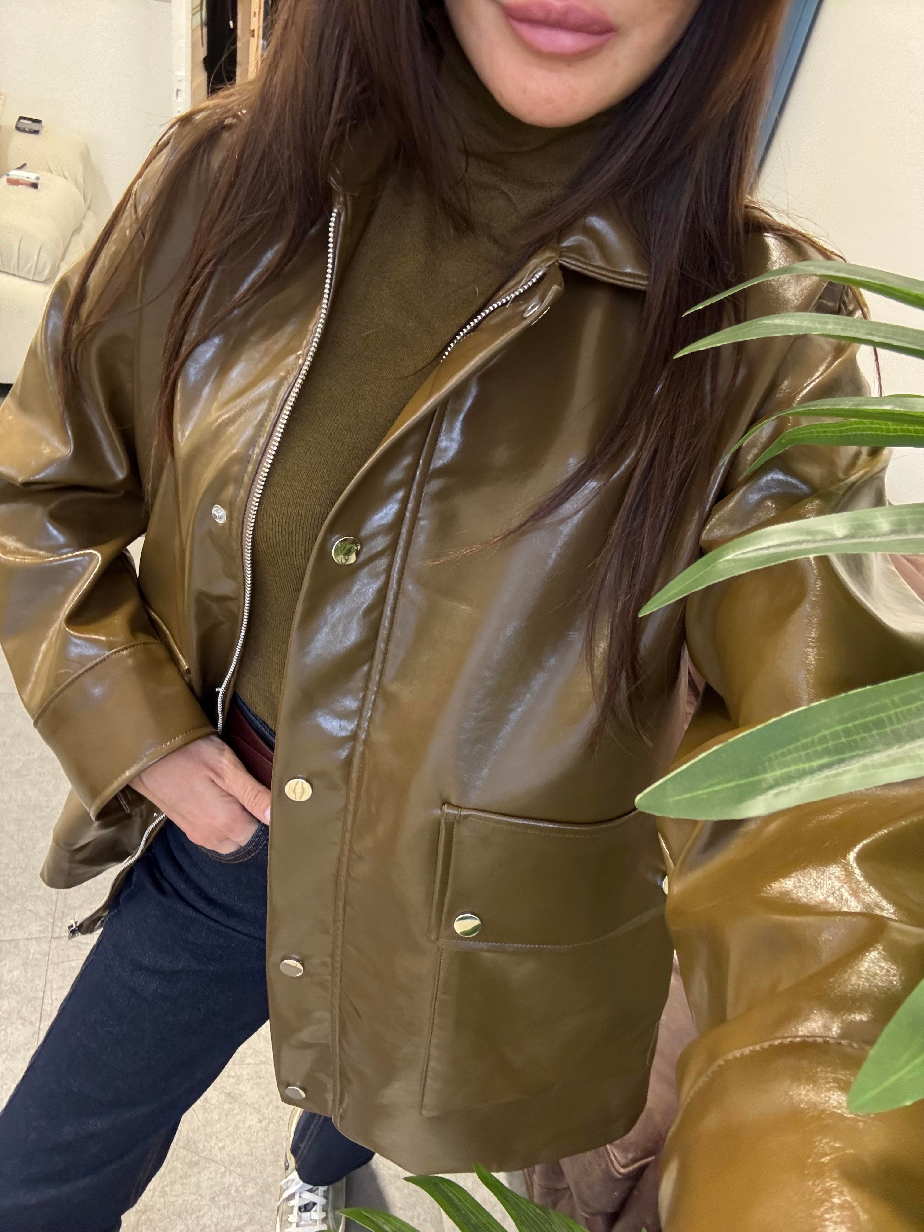 Yağ Yeşili Parlak 2 Cepli Deri Ceket