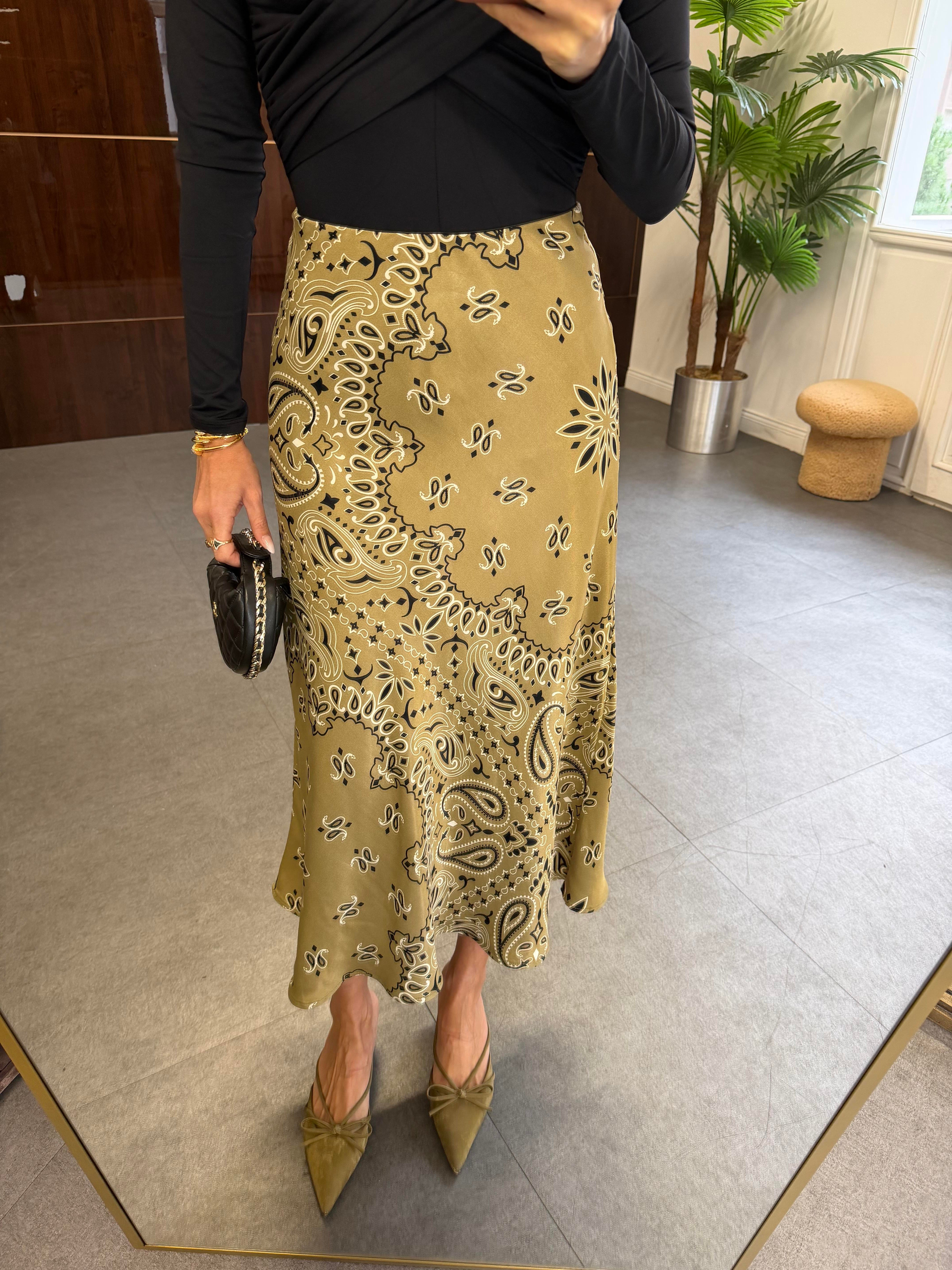 Yağ Yeşili Şal Desenli Verev Etek