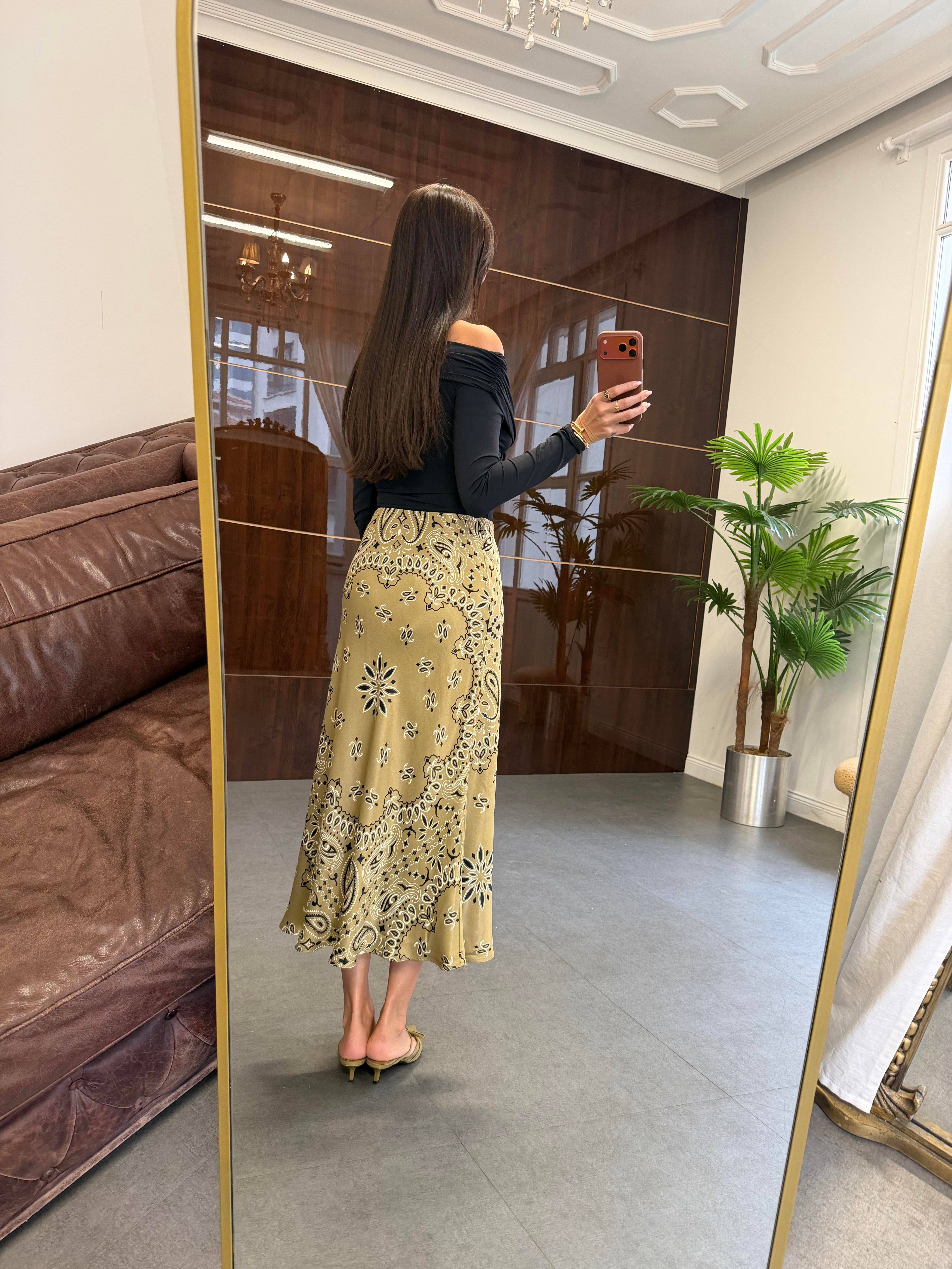 Yağ Yeşili Şal Desenli Verev Etek