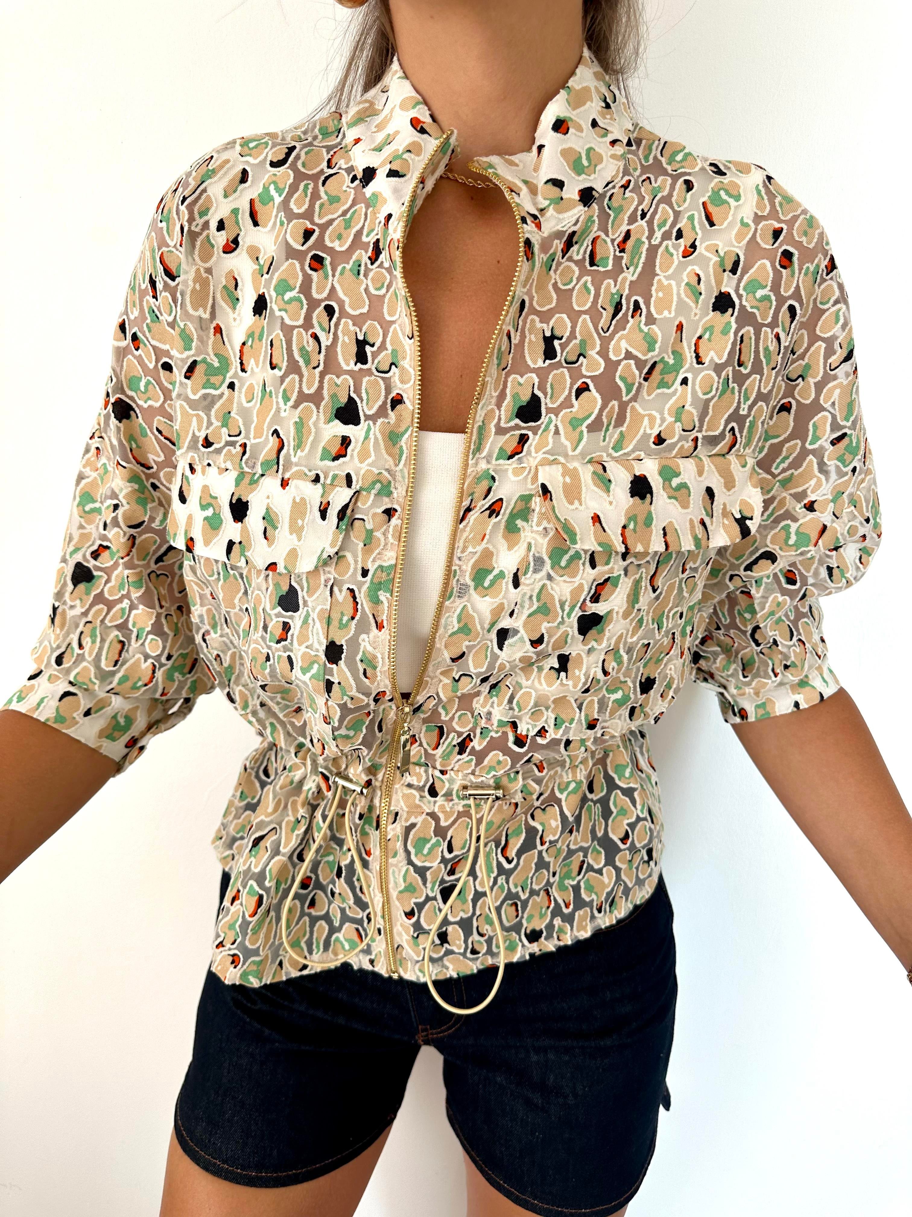Yeşil Leopar Desen Transparan Ceket