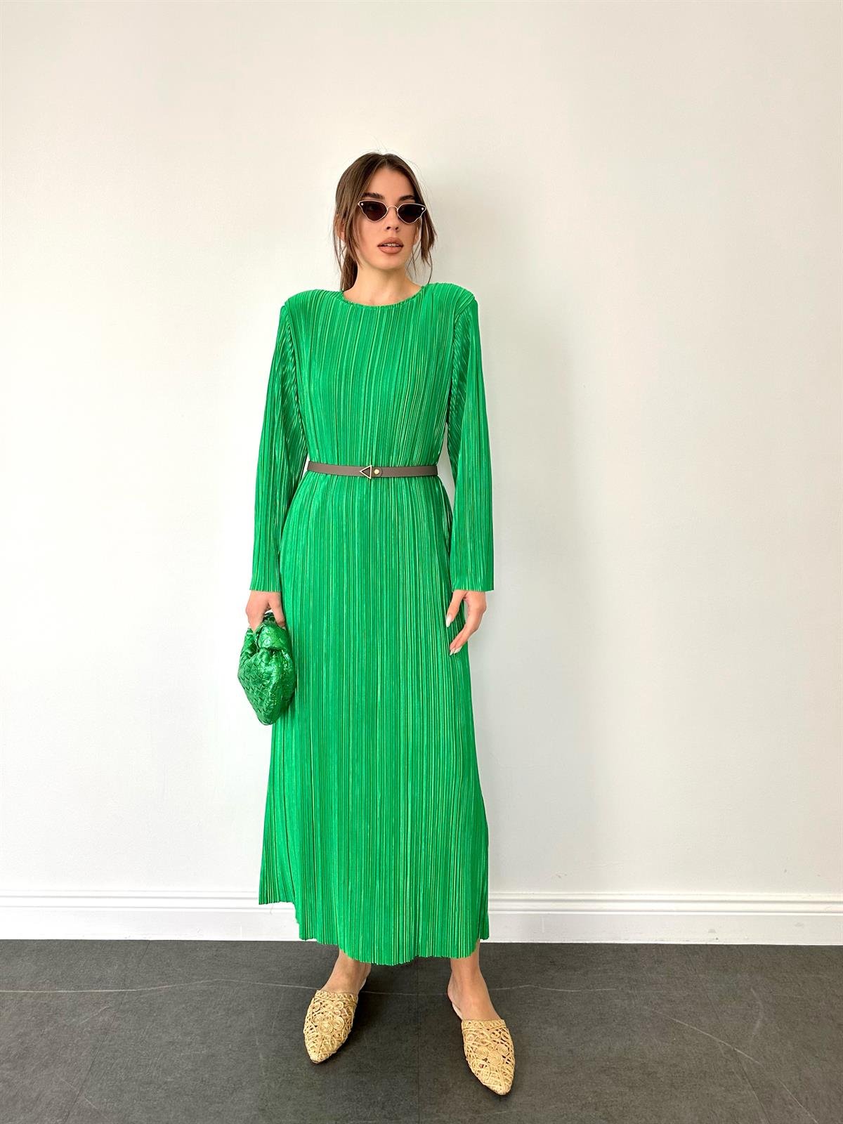 Yeşil  Pilise Midi Boy Kadın Elbise