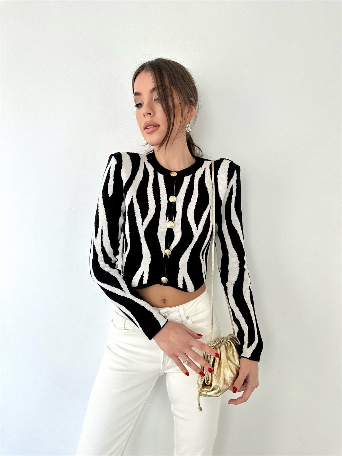 Zebra Desen Vatkalı Kısa Hırka Siyah