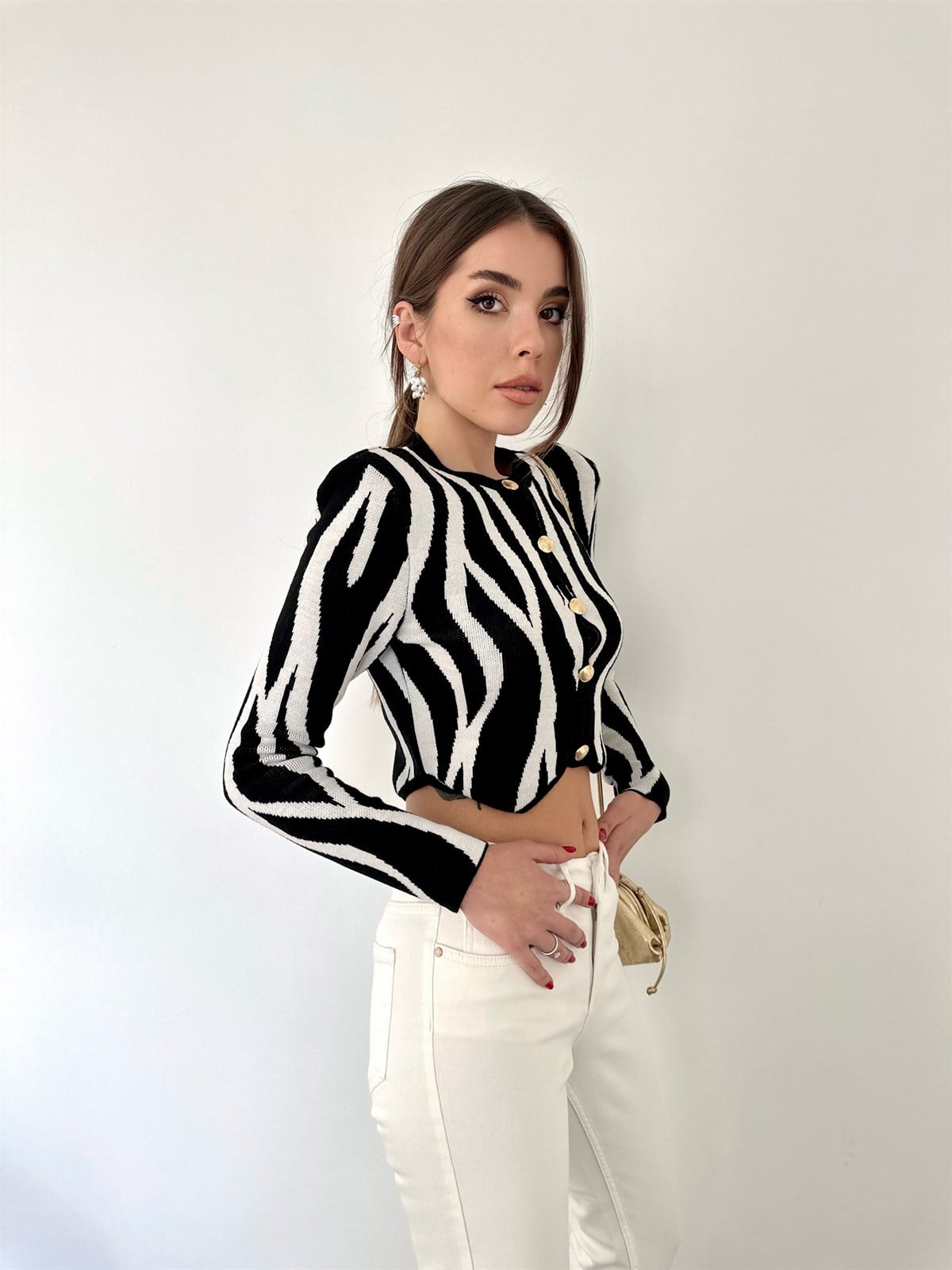 Zebra Desen Vatkalı Kısa Hırka Siyah
